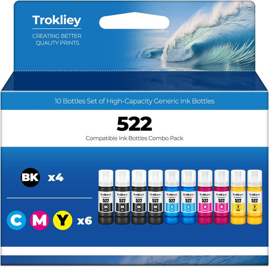 522 Ink Refill Bottles ET-2800 ET-4800 ET-2400 ET-2803 Ink Refill Replacement for 522 Ink Bottles for ET-2840 ET-4700 ET 2800 ET 4800 ET 2400 ET 2803 ET-4810 ET-2720 Printer 10 Pack (Not Subli Ink)
