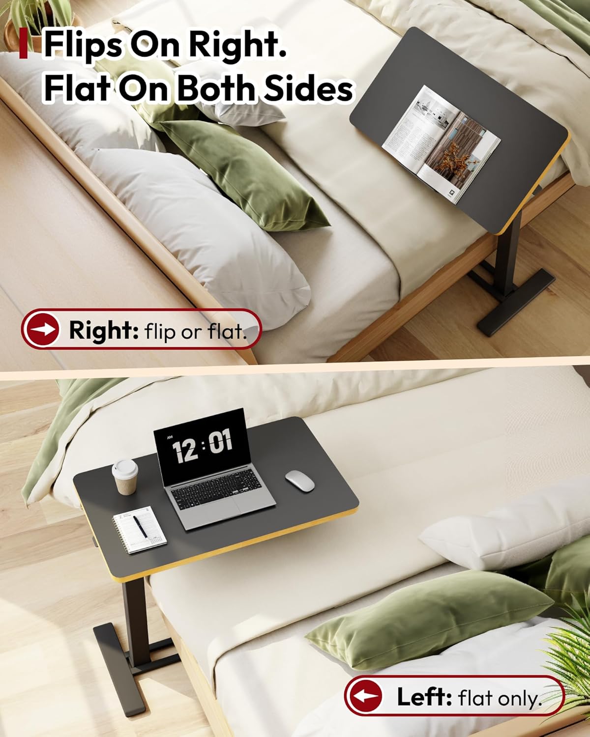 SANODESK Medical Adjustable Overbed Bedside Table with Casters 90° Tilt Top Pneumatic Mobile Rolling Laptop Computer Standing Desk Cart with Tray, Hospital and Home Use(31.5" W x 17.7" D, Black)