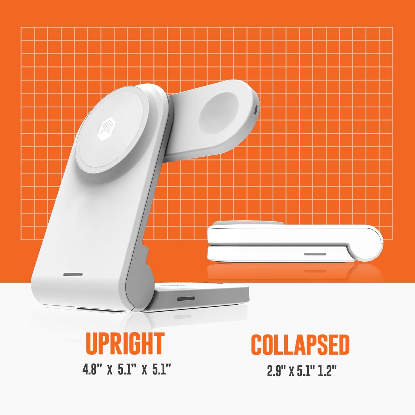 STM ChargeTree Mag: 3-in-1 MagSafe Wireless Charging Station for iPhone 16, 15, 14, 13, & 12 Series, Apple Watch, and AirPods - Foldable and Space-Saving Dock - White