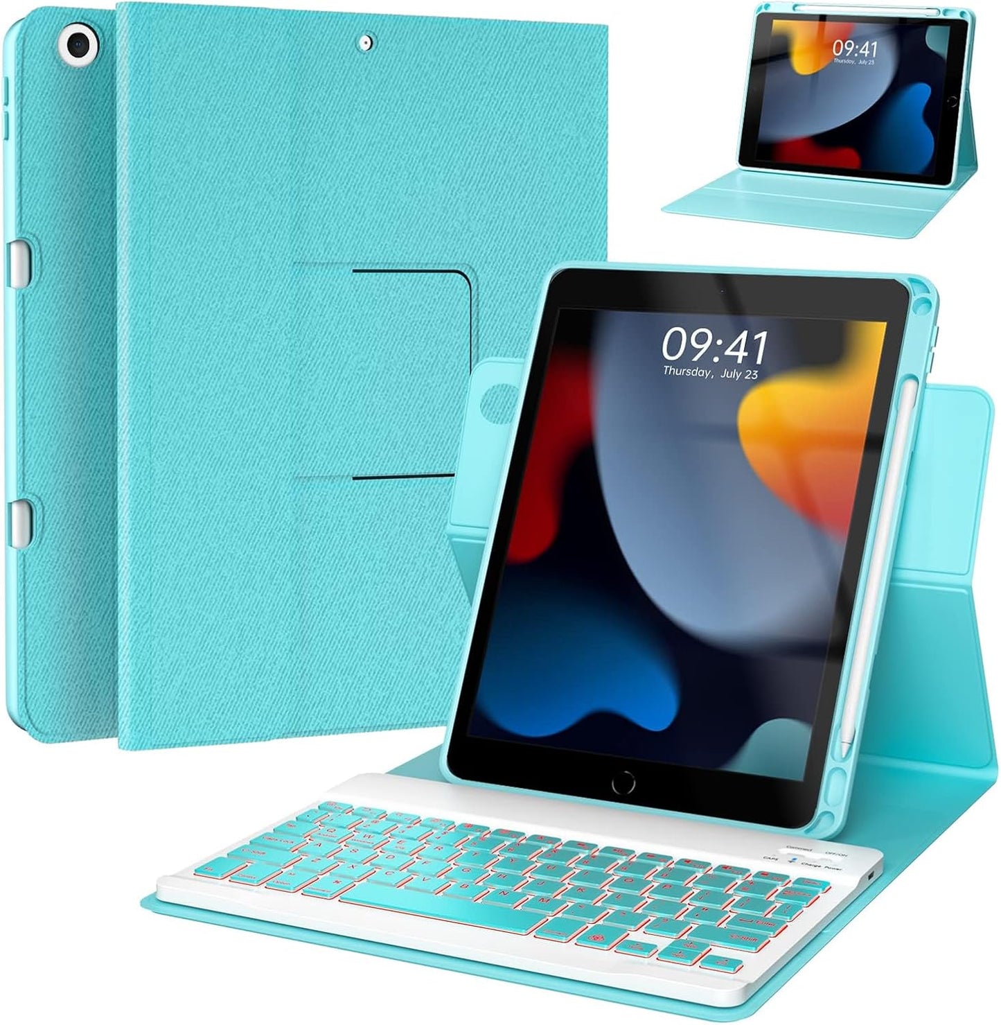 Keyboard Case for iPad 9th/8th/7th Generation 10.2 inch,360° Rotatable iPad Air 3 Pro 10.5-inch Case with Pencil Holder(2021/2020/2019/2017),7 Color Backlit Bluetooth Keyboard Folio Cover (Lake Blue)