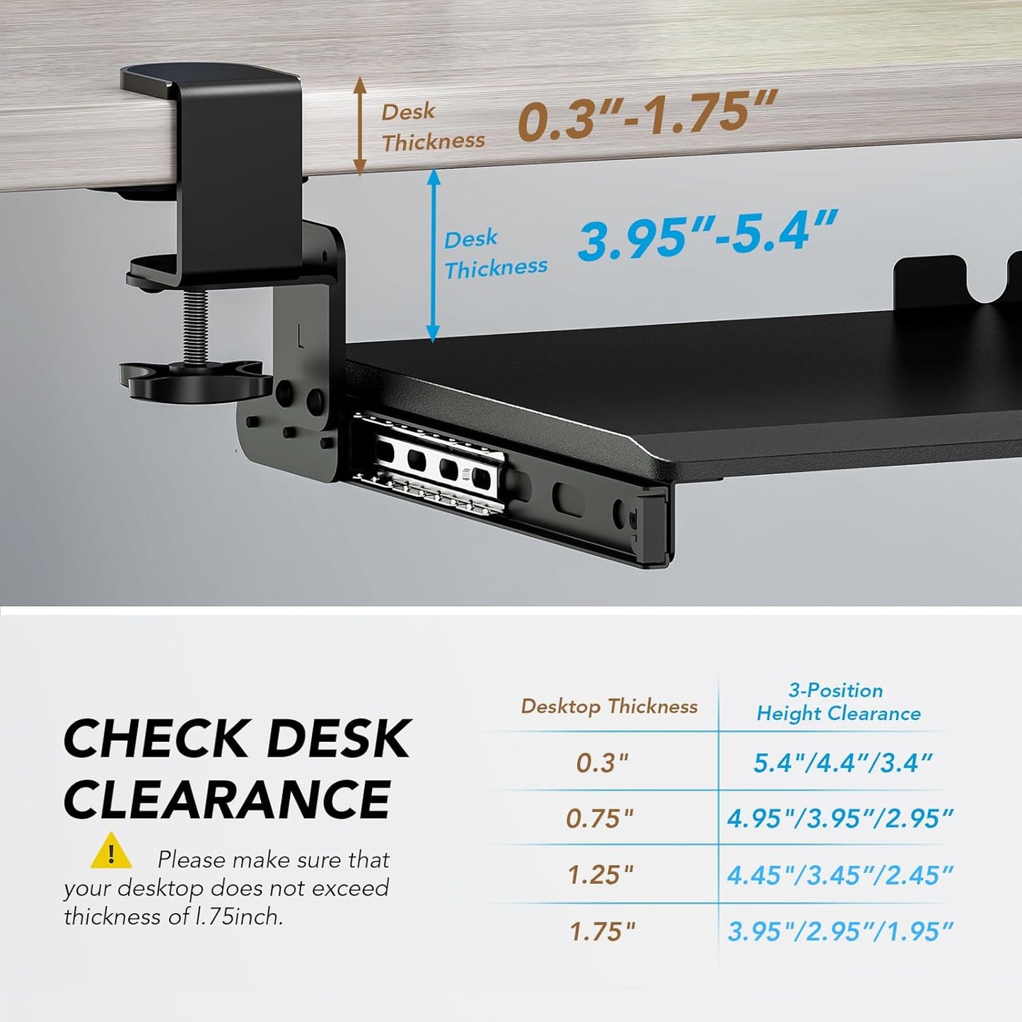 AX WABER Keyboard Tray Under Desk Pull Out with Extra Sturdy Adjustable C Clamp Mount System, 27.3 (32.5 inch Including Clamps) x 11 Inch Slide-Out Platform Computer Drawer for Typing, Black,AX01WB01