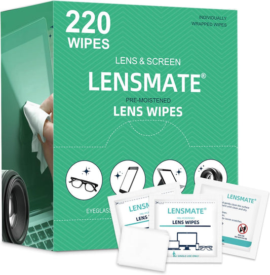Lensmate 220 Count Lens Wipes for Eyeglasses, Pre-Moistened & Individually Wrapped Eyeglass Wipes, Lens Cleaning Wipes for Eyeglasses, Sunglasses, Goggles and Camera Lens (220Count)