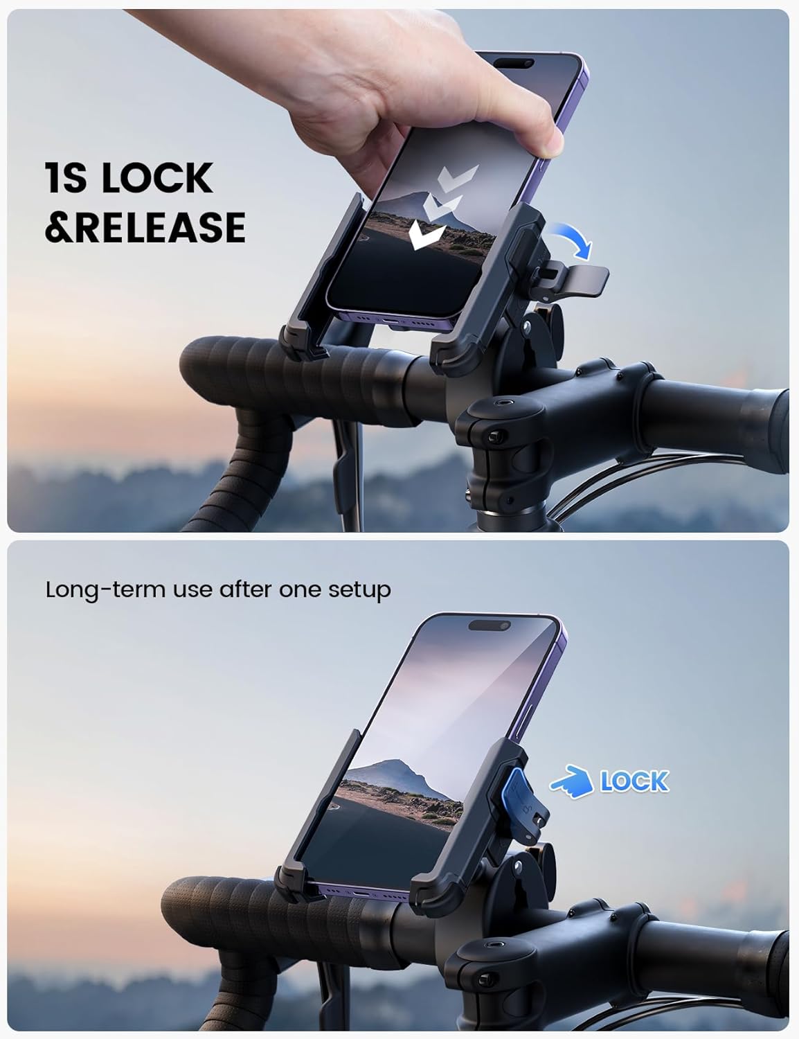 Lamicall Motorcycle Phone Mount Holder - [Camera Friendly] [1s Lock] Bike Phone Holder Handlebar Clamp, Bicycle Scooter Phone Clip, for iPhone 16 Pro Max, 15 14 13, Galaxy S25 Ultra, 4.7-7" Phones