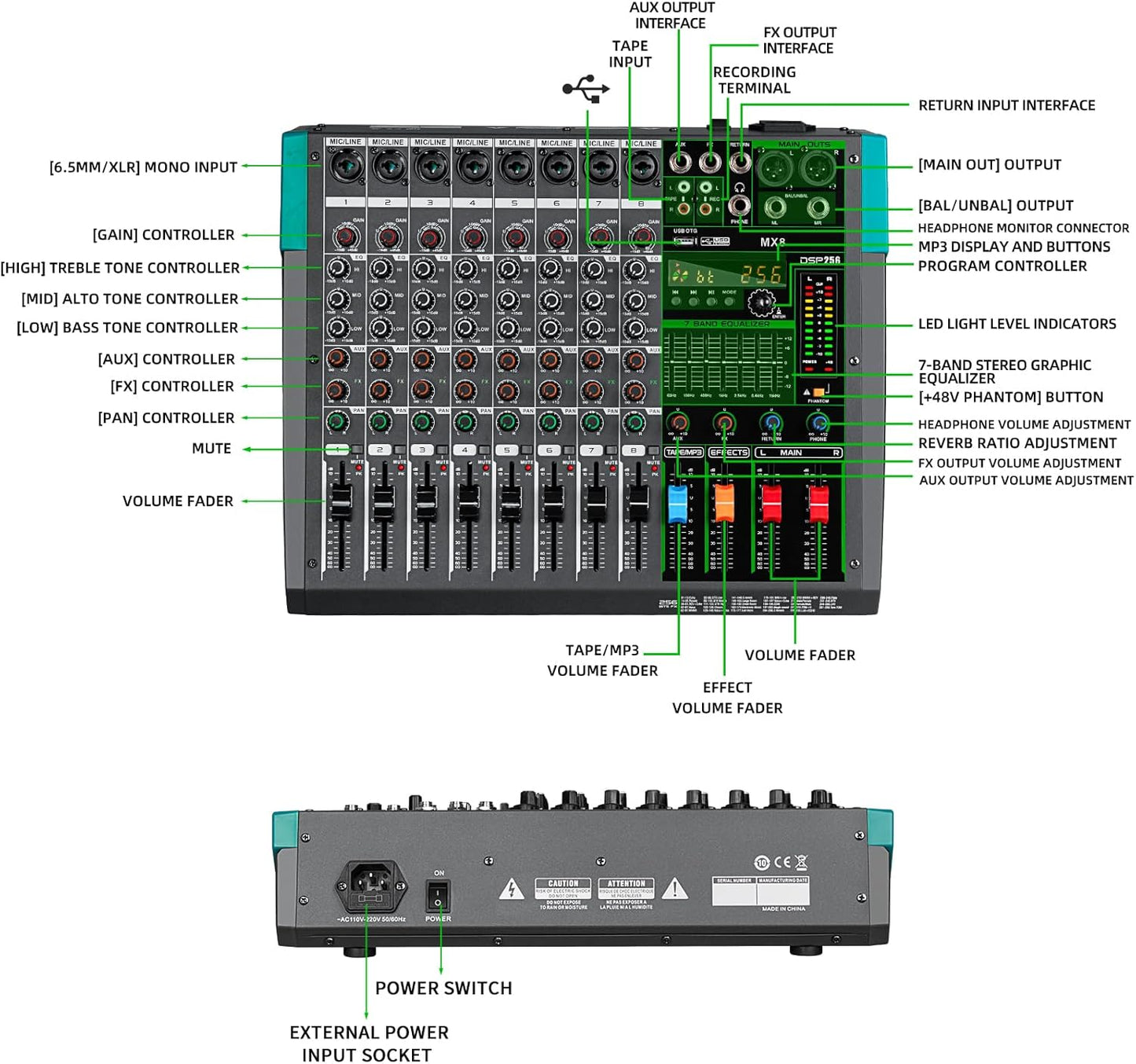 Depusheng MX8 8 Channel Sound Mixer Audio Mixing Console 48V 256DSP Professional USB PC Play Record Podcast Live Broadcast (US MX8)