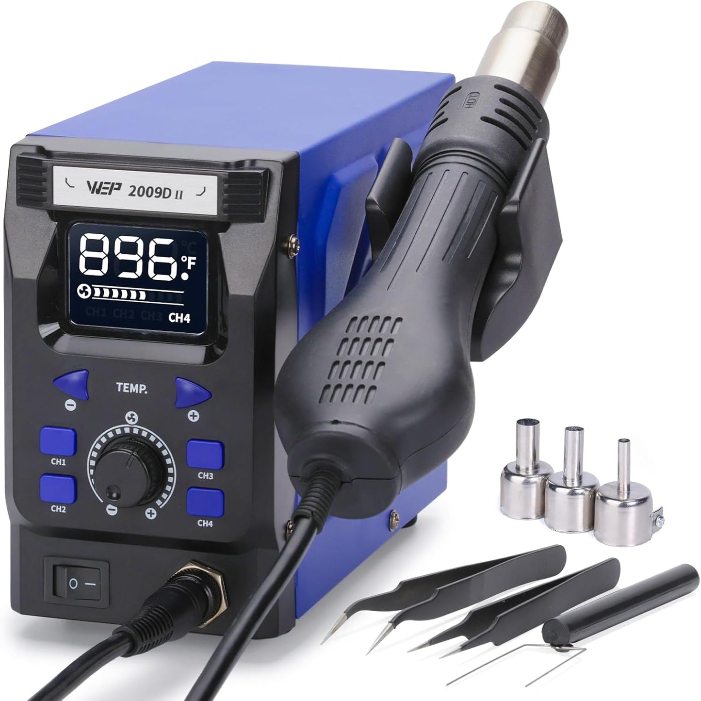 WEP 2009D-II Hot Air Soldering Station, Hot Air Rework Station with Detachable Soldering Heat Gun, 4 Preset Channels, Digital LED Display, Adjustable Temperature 212-896°F, PID Temp Stabilization