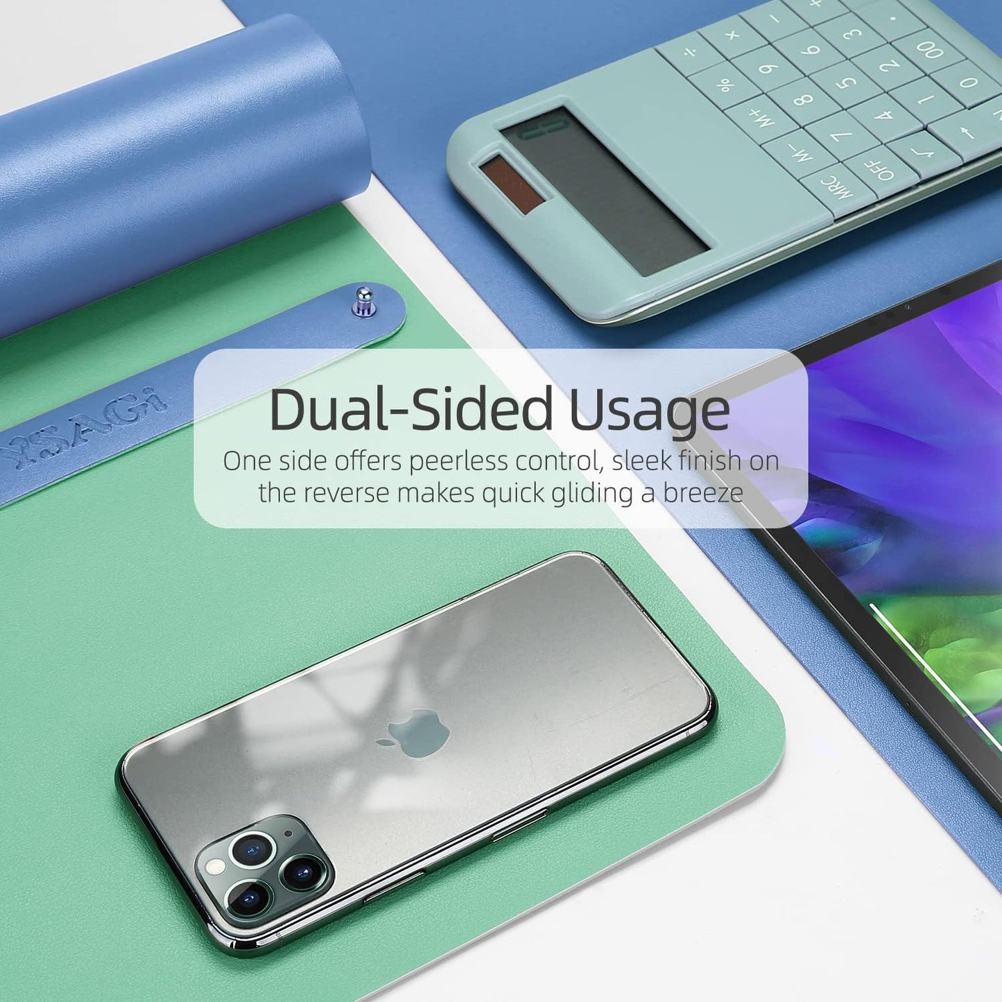 YSAGi Office Desk Pad, Desk Mat, 23.6" x 13.7" Ultra Thin Waterproof PU Leather Desk Blotter, Laptop Desk Pad Protector for Keyboard and Mouse, Desk Writing Pad for Office and Home (Azure Blue+Green)