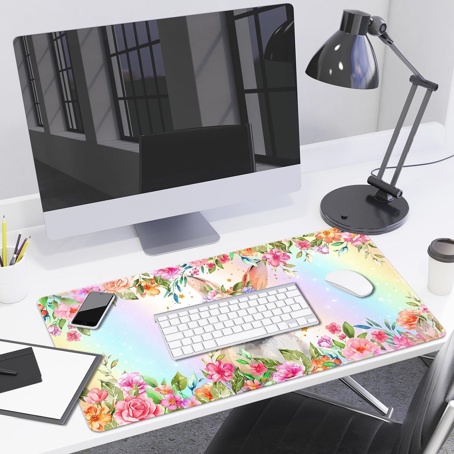 Lokigo Cute Rabbit Desk Pad, Gaming Mouse Pad 31.5"x15.7", Waterproof Big Mouse Pad for Desk Rubber Base Desk Matt with Stitched Edges Keyboard Mousepad for Laptop, Game, Work, Study, Bunny