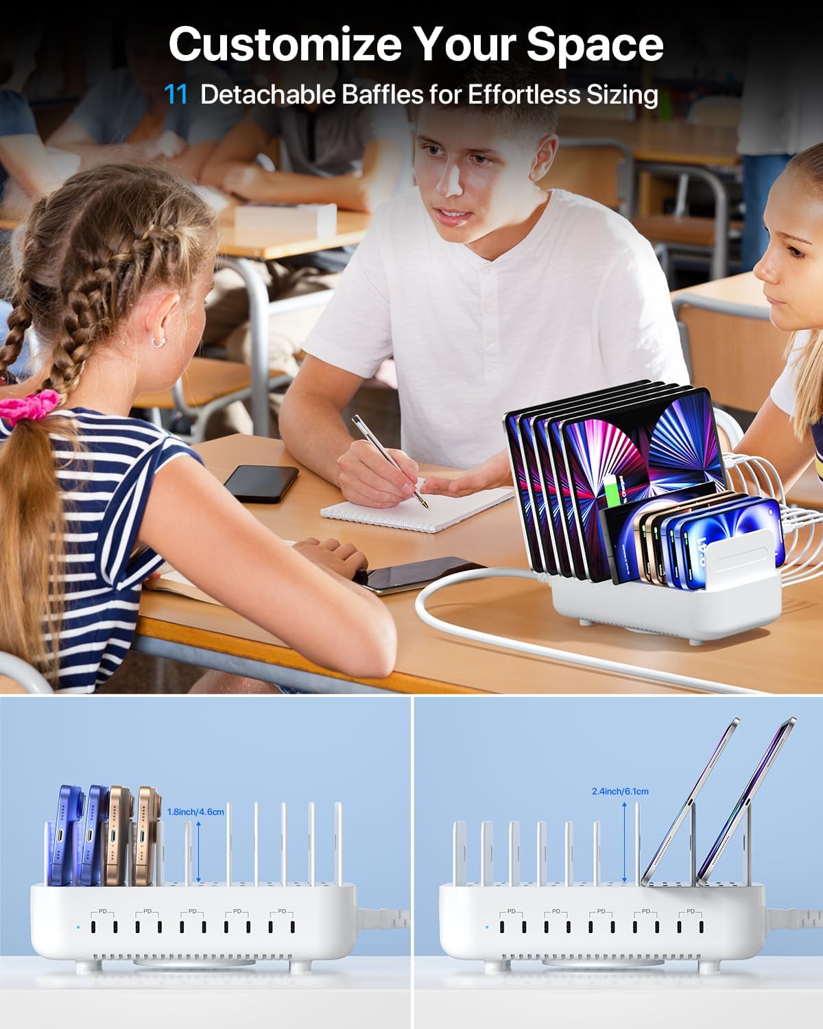 SooPii USB Charging Station,100W Fast Charging Station for Multiple Devices with 10pcs USB C Cables,10-Port Type C Phone Charger Station Organizer Compatible with lPad,Tablet,Kindle and More(White)