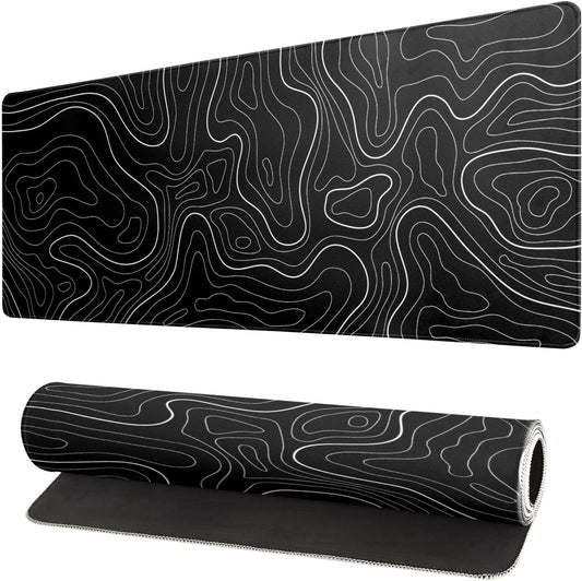 Topographic Contour Black Gaming Mouse Pad XL Geographic Map Lines Extended Big Large Desk Mat Non-Slip Rubber Base Stitched Edge Long Keyboard Mousepad for PC Computer Laptop,31.5x11.8 Inch
