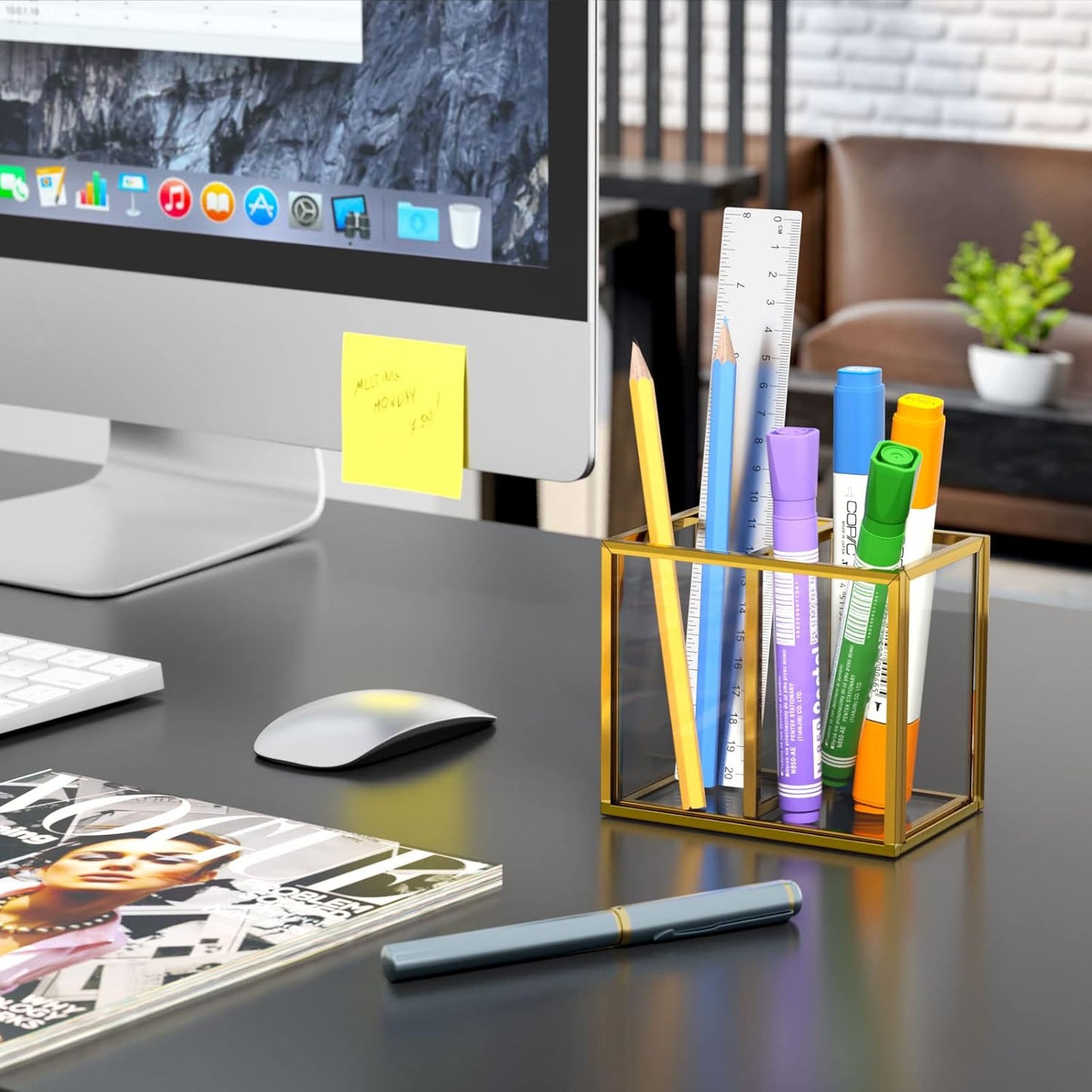 NIUBEE Gold Acrylic Pen Holder for Desk, Clear Pencil Cup Organizer Makeup Brush Holder, Acrylic Desk Organizers and Accessories for Desktop Office - 2 Compartments