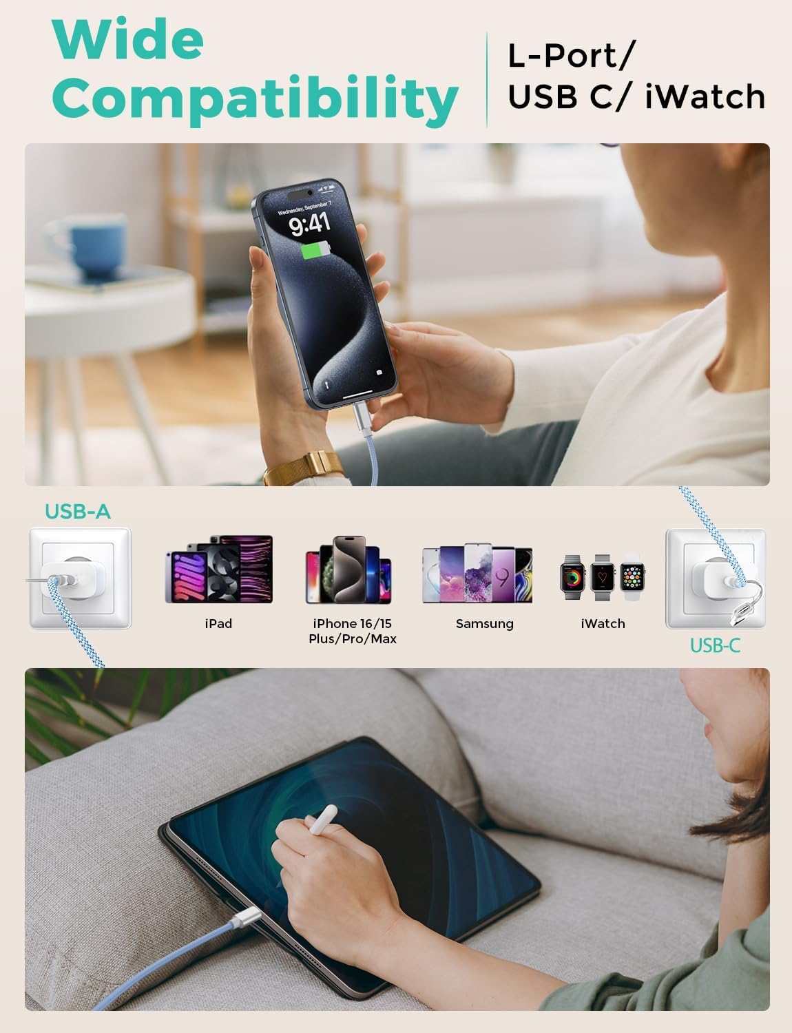 Blue-Upgraded 3 in 2 USB C Cable for Watch Charger Phone Charger USB C Multi Fast Charging Cable Compatible with Watch Ultra/SE/10/9/8/7/6/5/4/3/2/1 & Phone 16/15/14/Galaxy S23-4FT