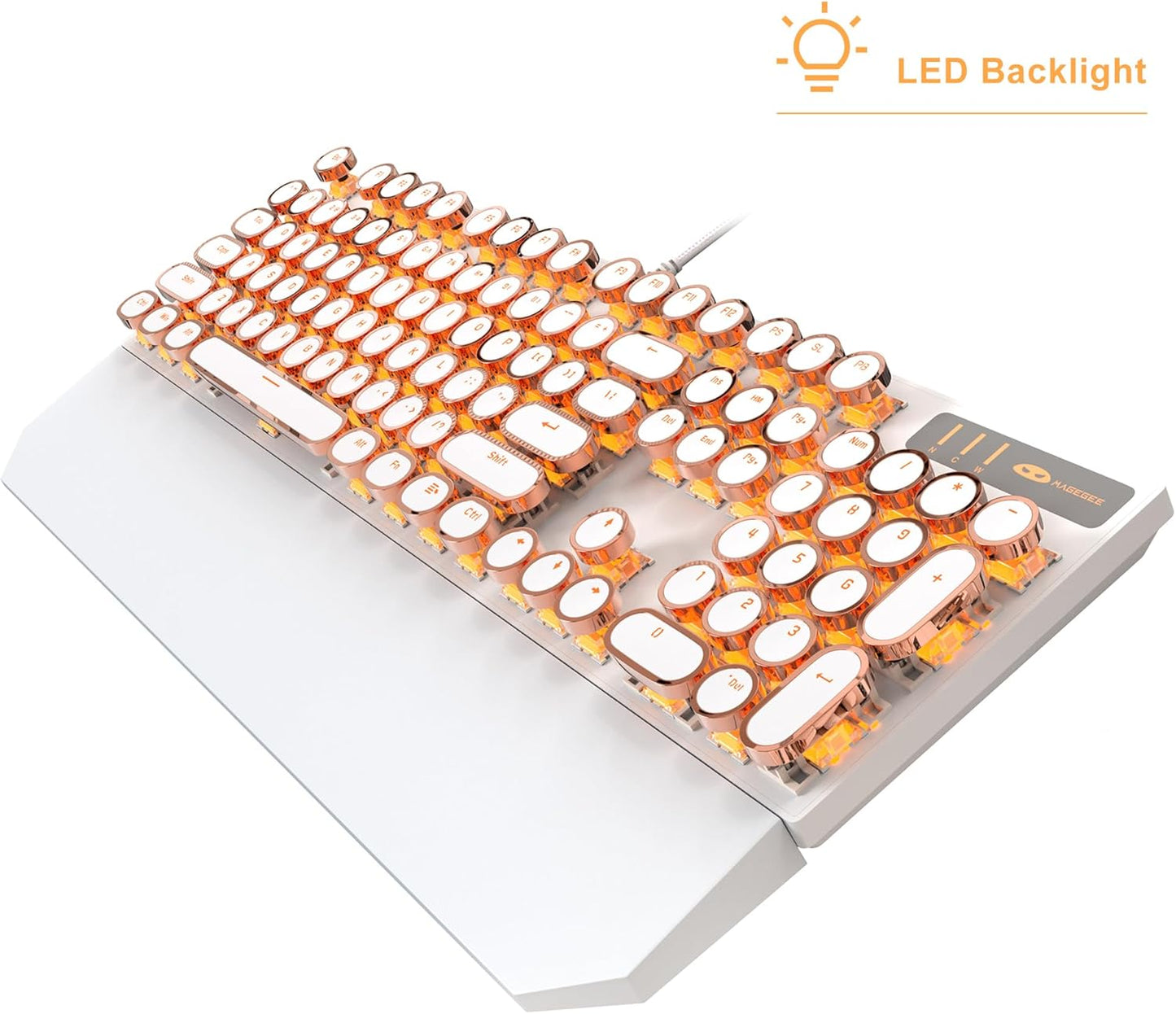 MageGee Typewriter Mechanical Gaming Keyboard, Retro Gold Punk Round Keycaps LED Backlit Wired Keyboards for Laptop MAC PC Gamer, with Magnetic Wrist Rest - Blue Switch