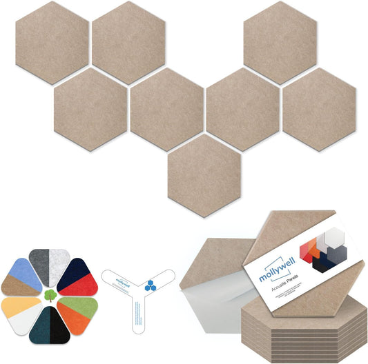 Mollywell Hexagon Acoustic Panels, High Density, Soundproofing, Decorative Noise Reduction Felt Wall Tiles for Ceilings, Home Office & Gaming Room (Deep Camel), 12x10x0.4 Inch