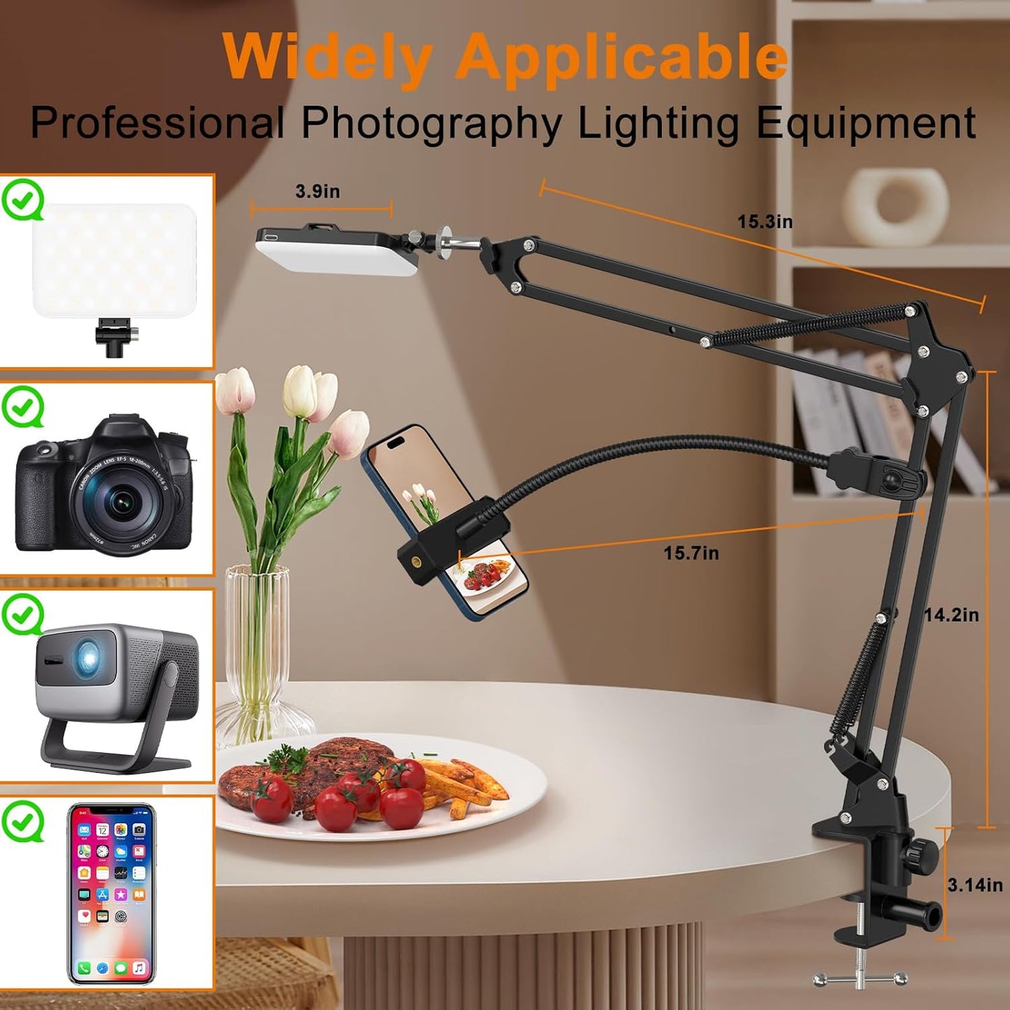 Overhead Phone Mount with 60 LED Portable Selfie Light and Phone Holder for Desk, Camera Mount Arm Stand with Remote, Overhead Stand for Video Recording, Live Streaming, TikTok, YouTube and Cooking