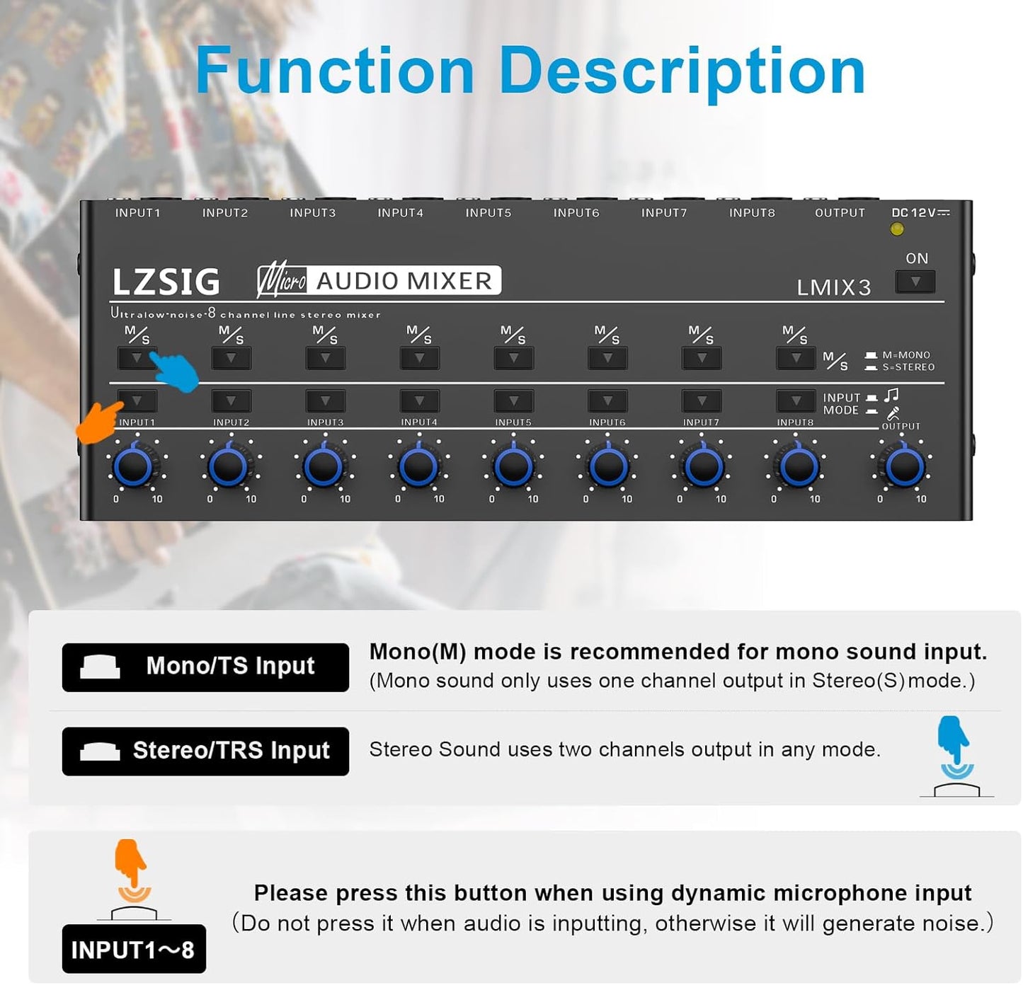 LZSIG Audio Mixer, Stereo Line Mixer for Sub-Mixing, Ultra Low-Noise, 8-Channel, Dynamic Microphone Independent Control, 1/4" & 1/8" TRS Output and Input, for Guitars,Bass,Keyboards