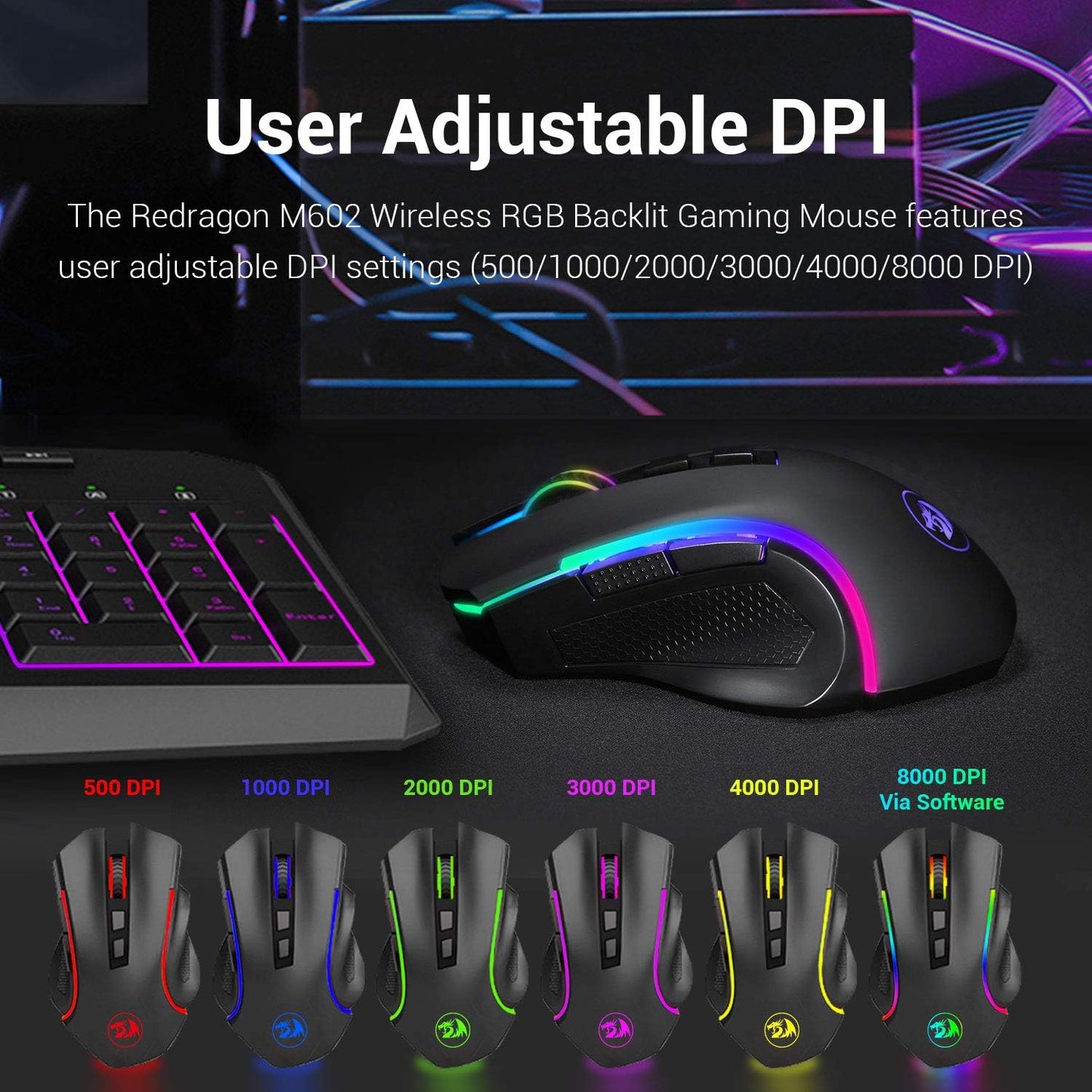 Redragon M602 Griffin RGB Gaming Mouse, RGB Spectrum Backlit Ergonomic Mouse with 7 Programmable Backlight Modes up to 7200 DPI for Windows PC Gamers (Black, Wireless)
