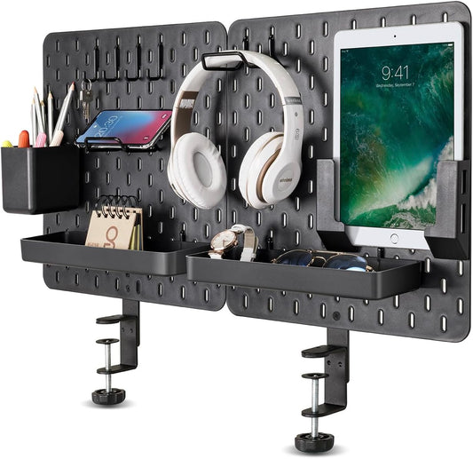 EHO Clamp-On Desk Pegboard, 2Pack (Combined Size 27 x 14 inch) Privacy Divider, Desk Partition Panel, No-Drill Desk Mounted Peg Board Organizer for Office, Gaming, Home, Black