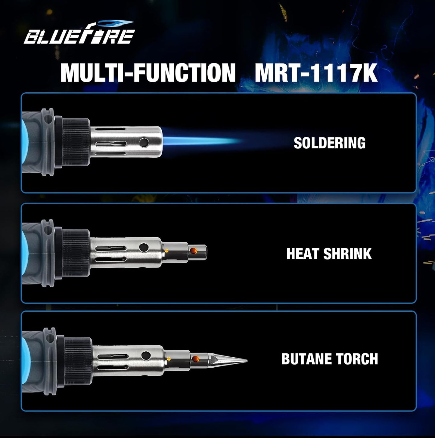 BLUEFIRE MRT-1117K Cordless Butane Soldering Iron Kit Portable Multi-Purpose Mini Torch for Electronics, Jewelry, Welding & Brazing|Self-Igniting,Flame Control,Light Weight,Rapid Heat Up,Inflatable