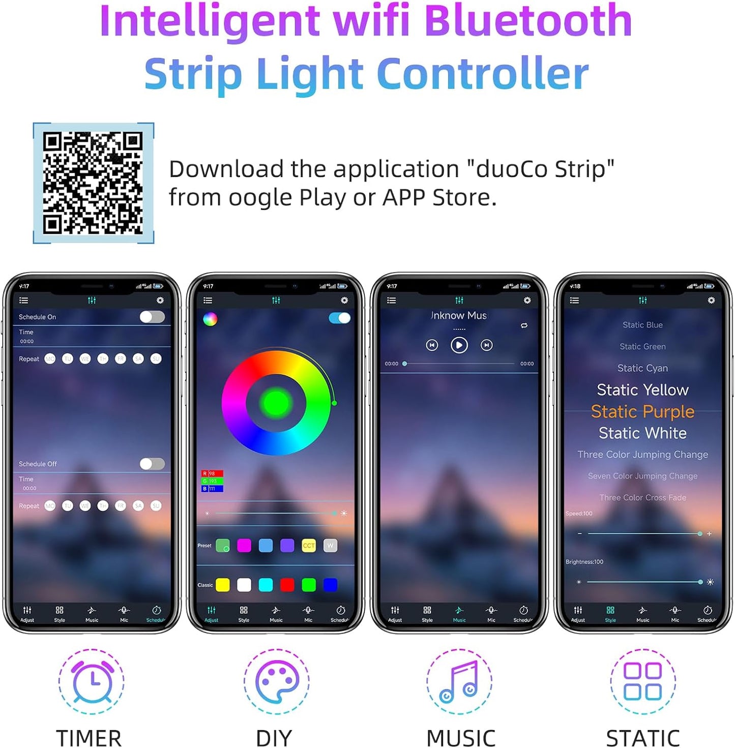 RGBZONE Bluetooth RGB LED Controller, 4-PIN Smart Music LED Strip Lights Controller, 40-Keys IR Remote Control for 5V/12V/24V SMD 5050 3528 RGB LED Strip Lights