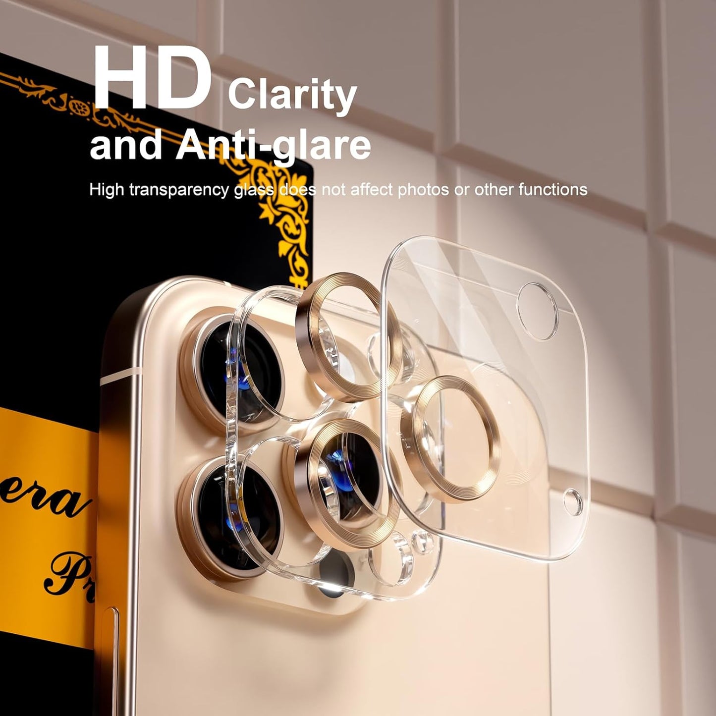 beuxece for 6 Pack iPhone 15 Pro/iPhone 15 Pro Max Camera Lens Protector [Drop Protection] [Case Friendly] [Easy Installation] 9H Tempered Glass Camera Screen Protector Cover, CD Gold