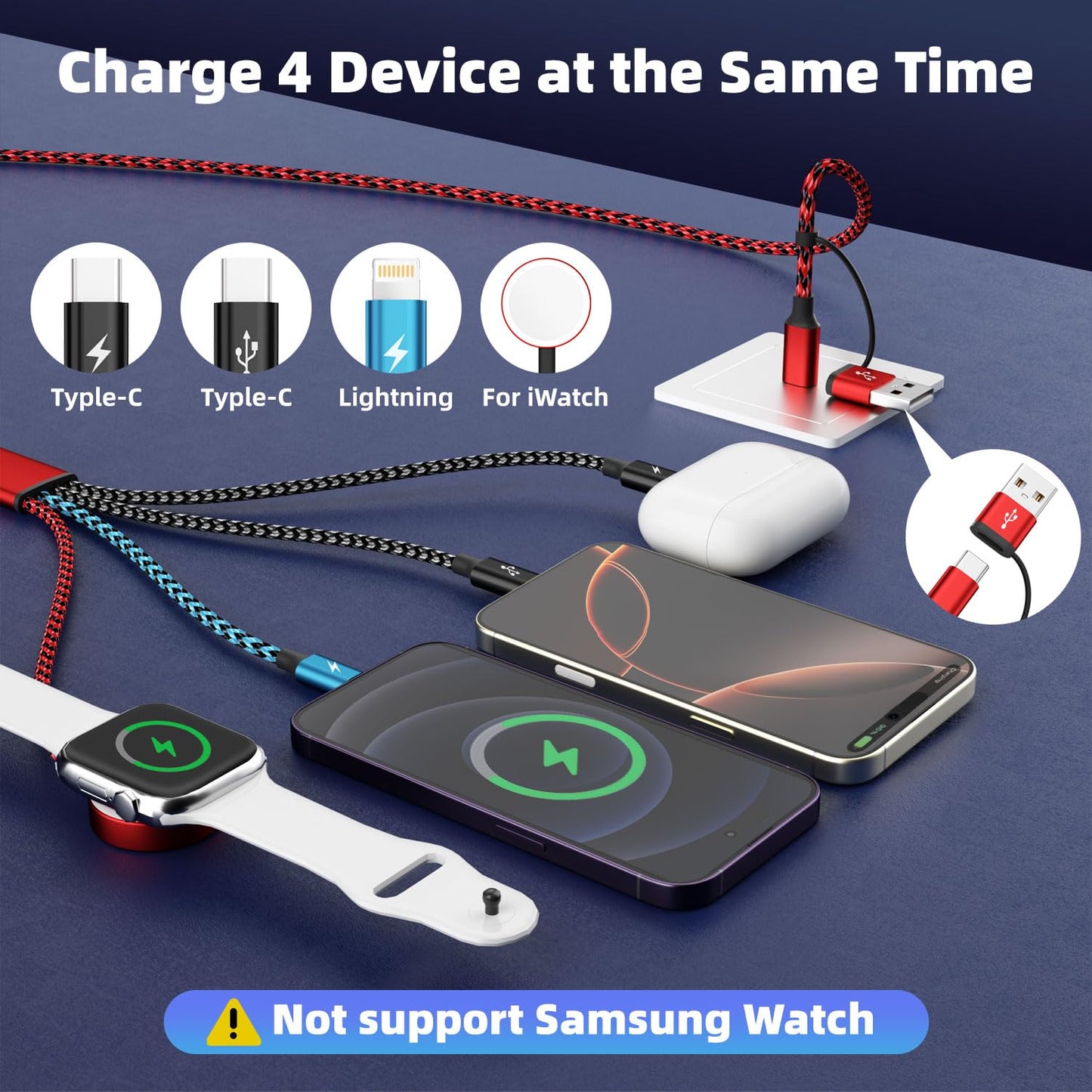 Travel Essentials 4in2 Multi Charging Cable for Apple Watch Charger,USB A/C to Dual Type C/IP/iWatch Charger,Travel Chargers for Multiple Devices Compatible with iWatch Series&iPhone 16-12 5FT