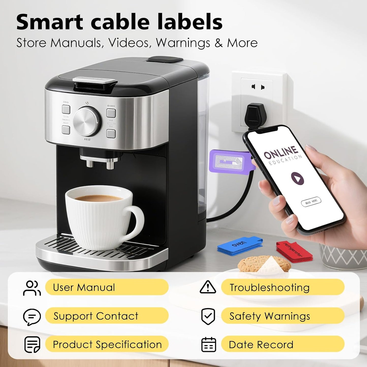 24 Set Smart NFC Cable Labels - 8 Colors Reusable Write-On Wire Labels with Blank NFC Tags Stickers, Programmable Cord Identification Labels for Electronics Cable Management, Rectangle