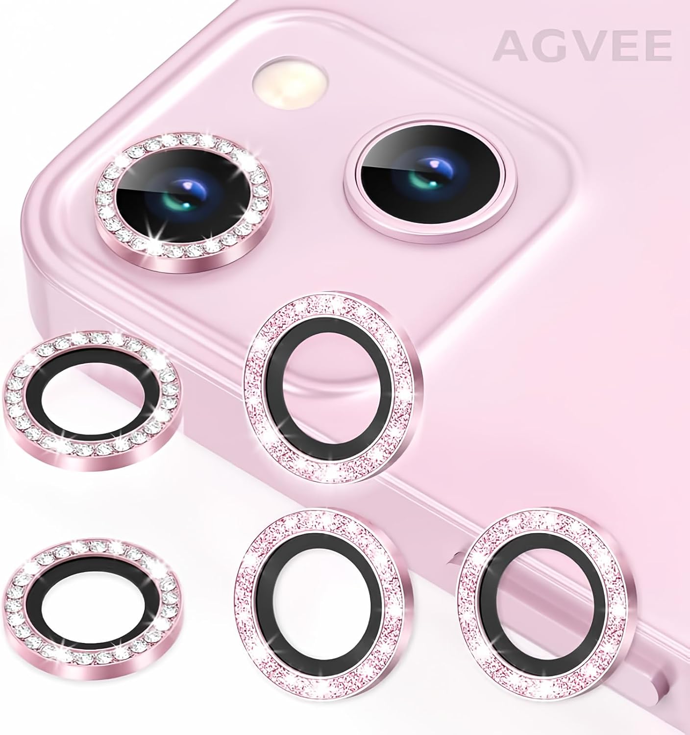 AGVEE 3+3 6 Pack for iPhone 13 6.1 inch / 13 Mini 5.4 inch Camera Lens Cover Protector, Bling Diamond & Bling Glitter Metal Ring 9H Tempered HD Glass Camera Cover Protector Film, Bling-Pink