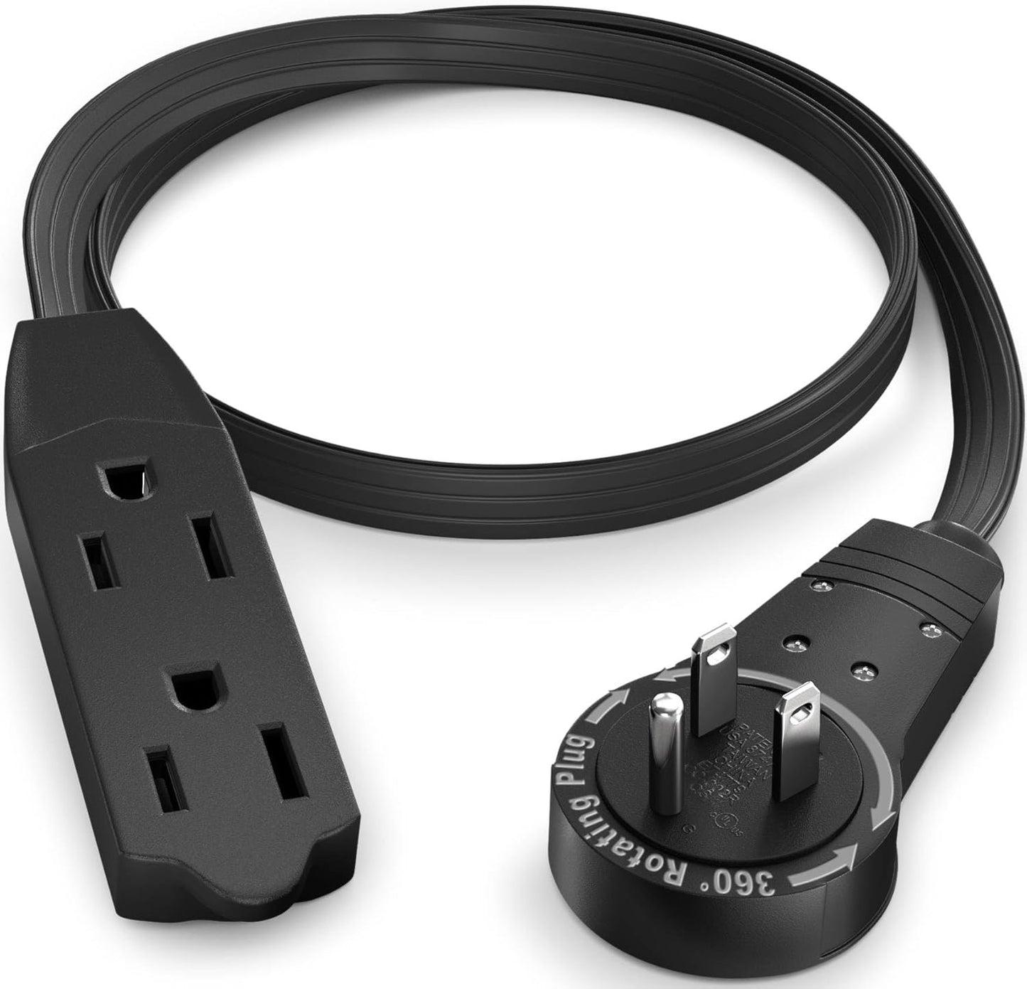 Maximm Cable 1 Ft 360° Rotating Flat Plug Extension Cord/Wire, 16 AWG Multi 3 Outlet Extension Wire, 3 Prong Grounded Wire - Black - UL Certified