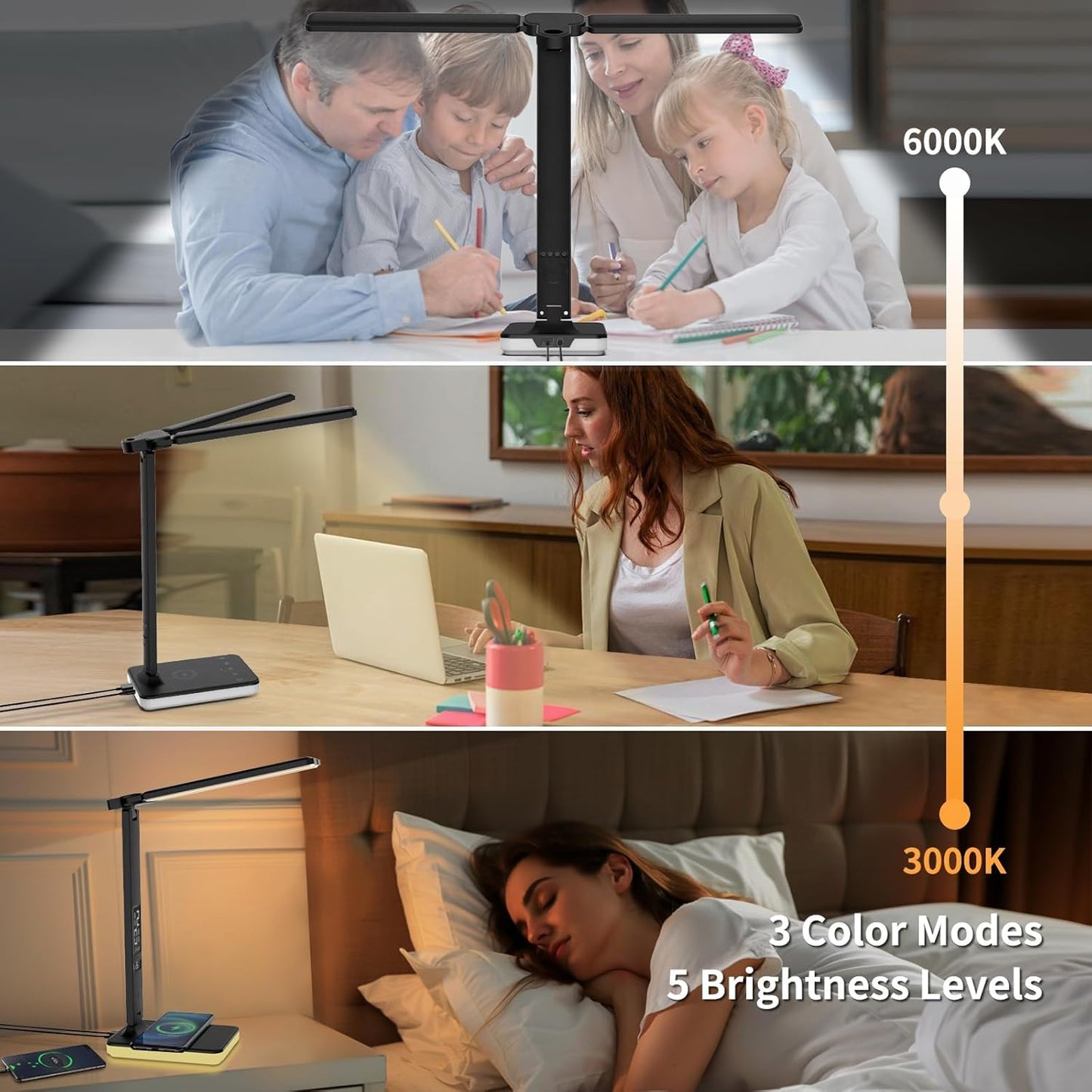 LED Desk Lamp with Charger, USB Charging Port, Dual Swing Arm Desk Light with 5 Brightness, 3 Colors, Table Lamp with Clock, Alarm, Date, Temperature, Desk Lamp for Home Office Study (Black)