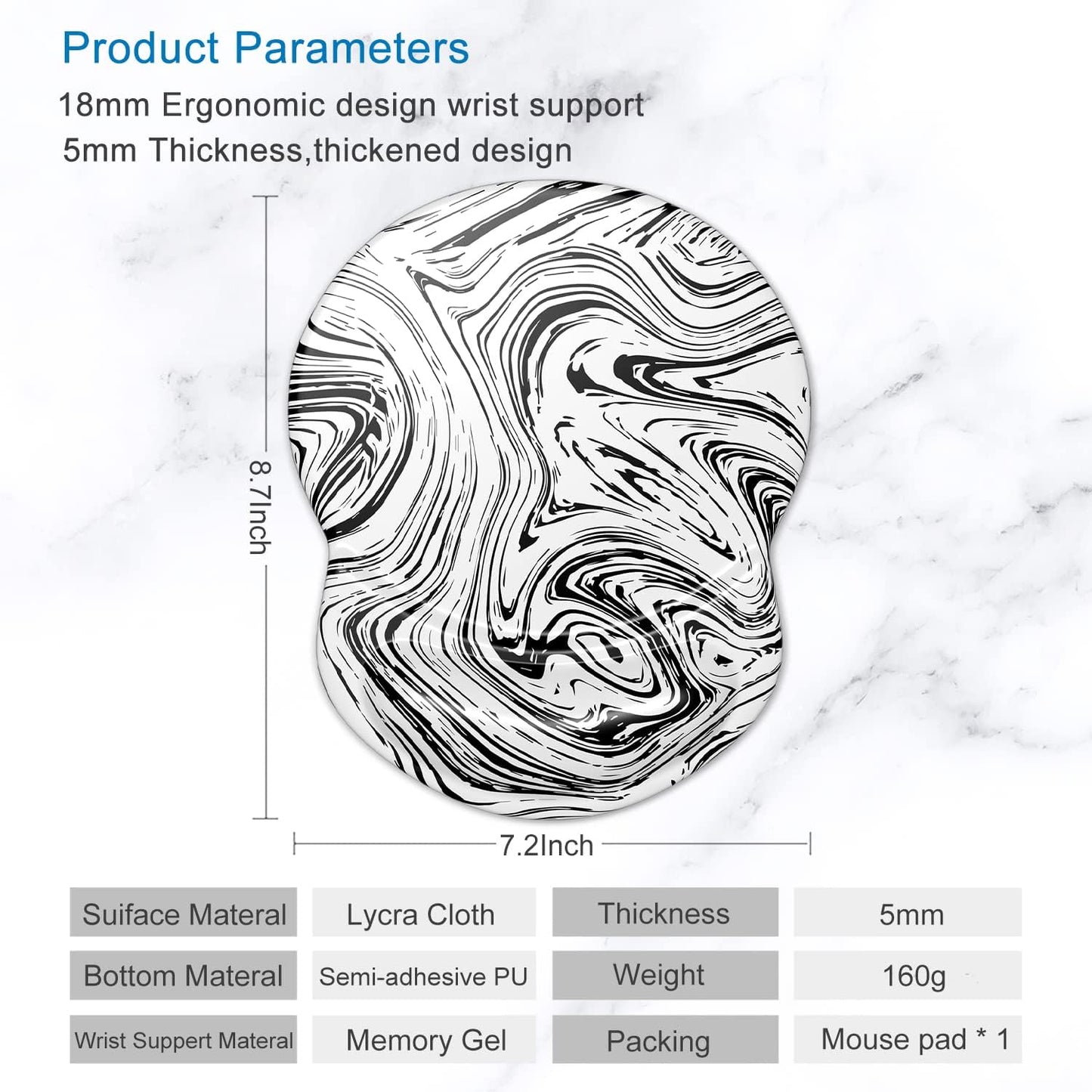 ITNRSIIET Ergonomic Mouse Pad with Gel Wrist Support Small Wrist Rest Smooth Surface Non-Slip PU Base Comfortable Office Supplies Pain Relief, 8.7 x 7.2 inches, Black and White Texture