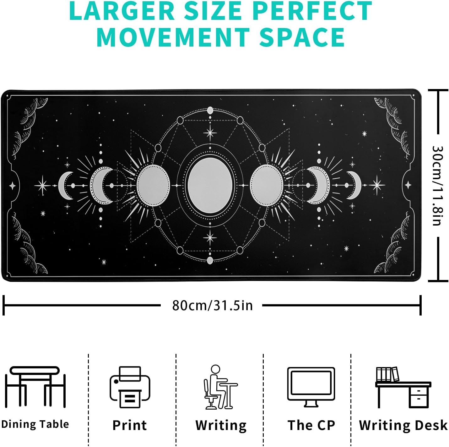 Sun Moon Gaming Mouse Pad Black Large Mouse Pad for Keyboard and Mousepad Desk Mat with 3mm Non-Slip Base and Stitched Edge for Gaming and Office Computer Mat Protector Mat 31.5x11.8 Inch