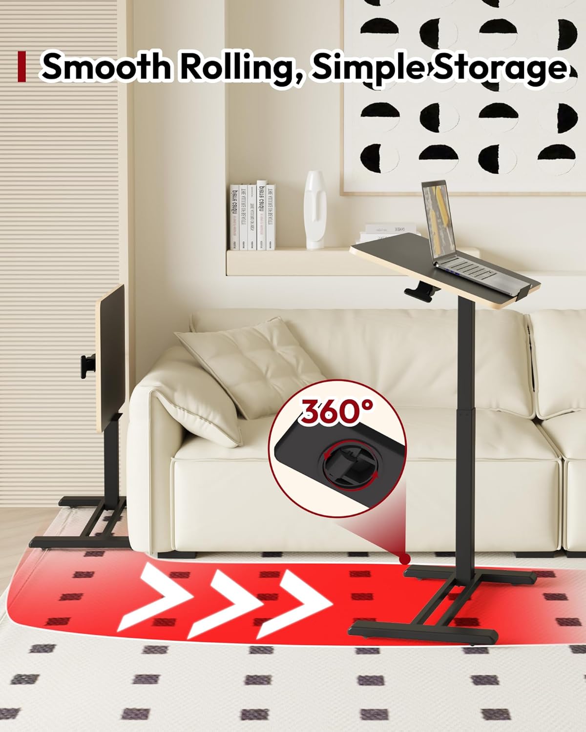 SANODESK Medical Adjustable Overbed Bedside Table with Casters 90° Tilt Top Pneumatic Mobile Rolling Laptop Computer Standing Desk Cart with Tray, Hospital and Home Use(27.6" W x 15.7" D, Black)