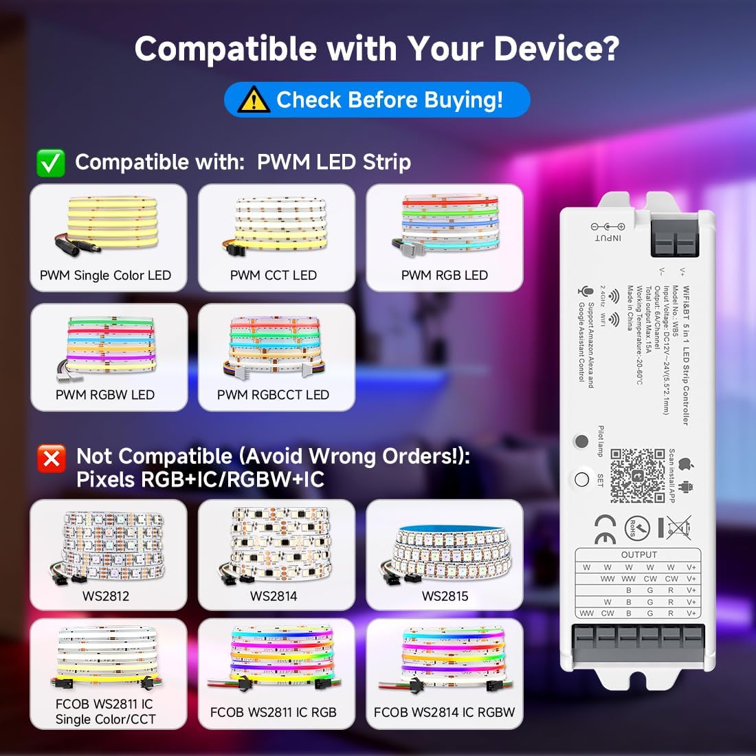 BTF-LIGHTING 5in1 WB5 2.4GHz Tuya WiFi PWM LED Controller Compatible with Alexa/Google Home/Smart Life/Tuya Smart APP Control for Dimming CCT RGB RGBW RGBCCT LED Strip Work with WR01RF WR02RF etc