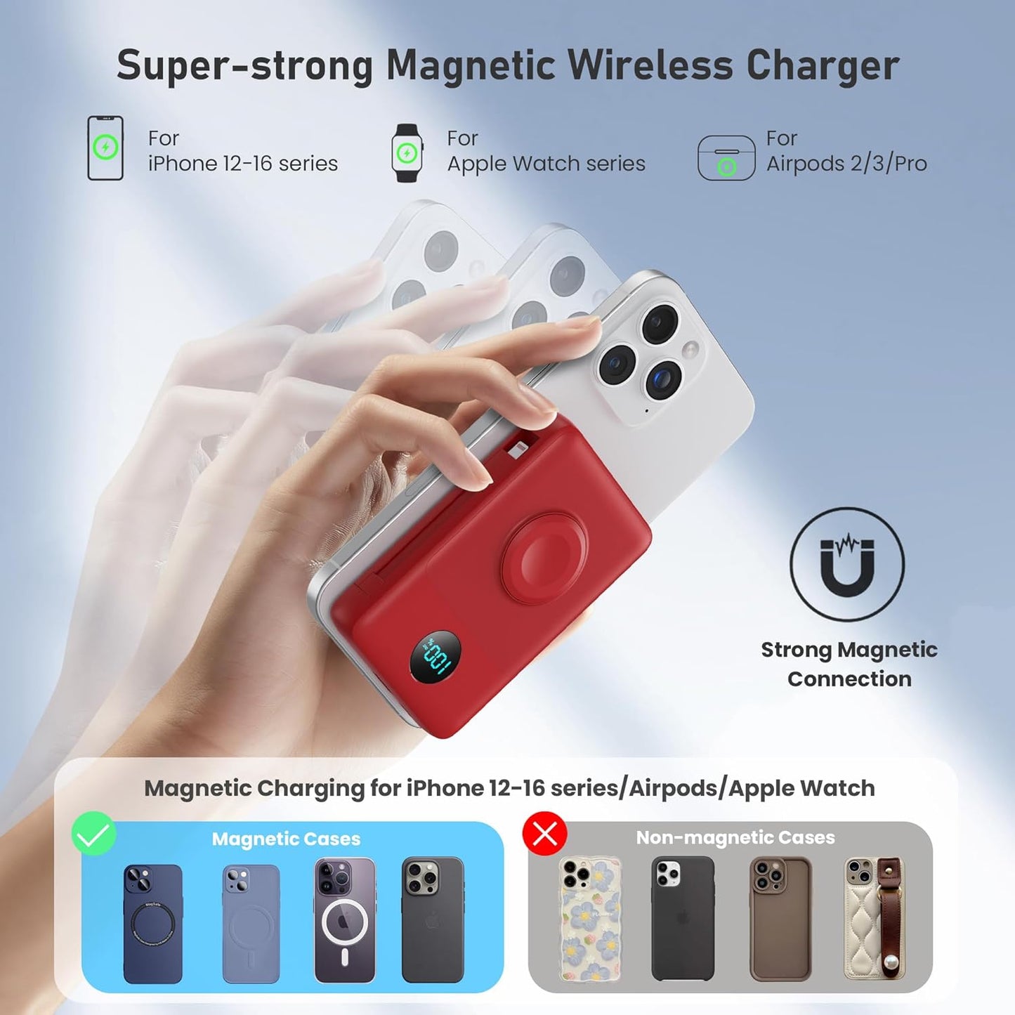 Magnetic Portable Charger for iPhone with Built-in Cables, 6-in-1 10800mAh Power Bank with iWatch Charger & LCD Display,25W Fast Charging Battery Pack for iPhone 16/15/14/13/12,Apple Watch (Red)