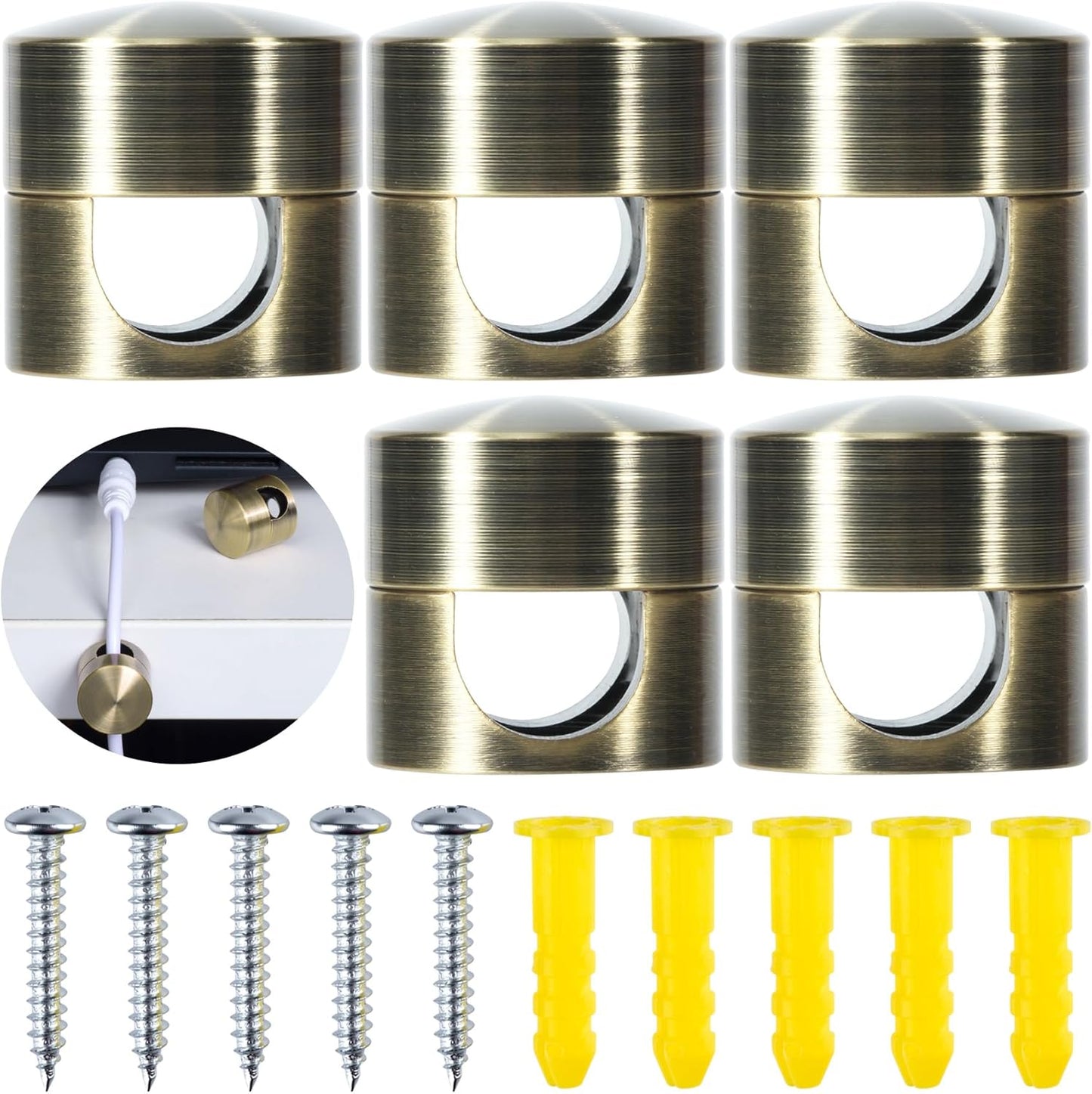 5 Sets Charger Holders for Cords, Antique Copper Color Adjustable Cable Anchor Holders, Adhesive Metal Cord Clips, Cable Management Wire Organizers for Desk, Office, Nightstand