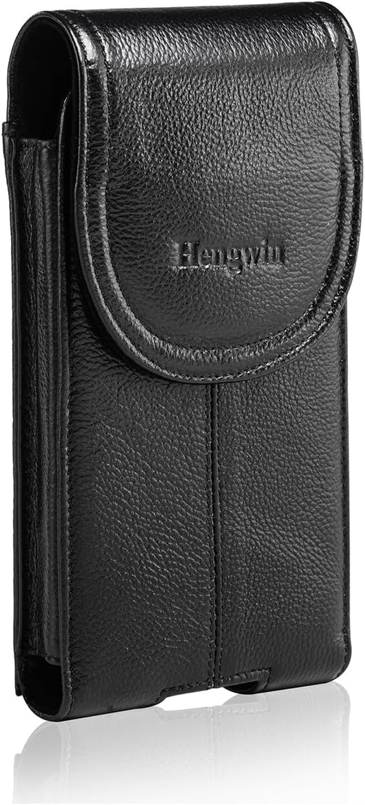 Hengwin Genuine Leather Cell Phone Holster for Belt Men, Vertical Phone Holder Belt Pouch Fits for iPhone 15 Pro Max 14 Pro Max 13 Pro Max Samsung Galaxy S24 Ultra Note9 Case with Belt Clip (Black)