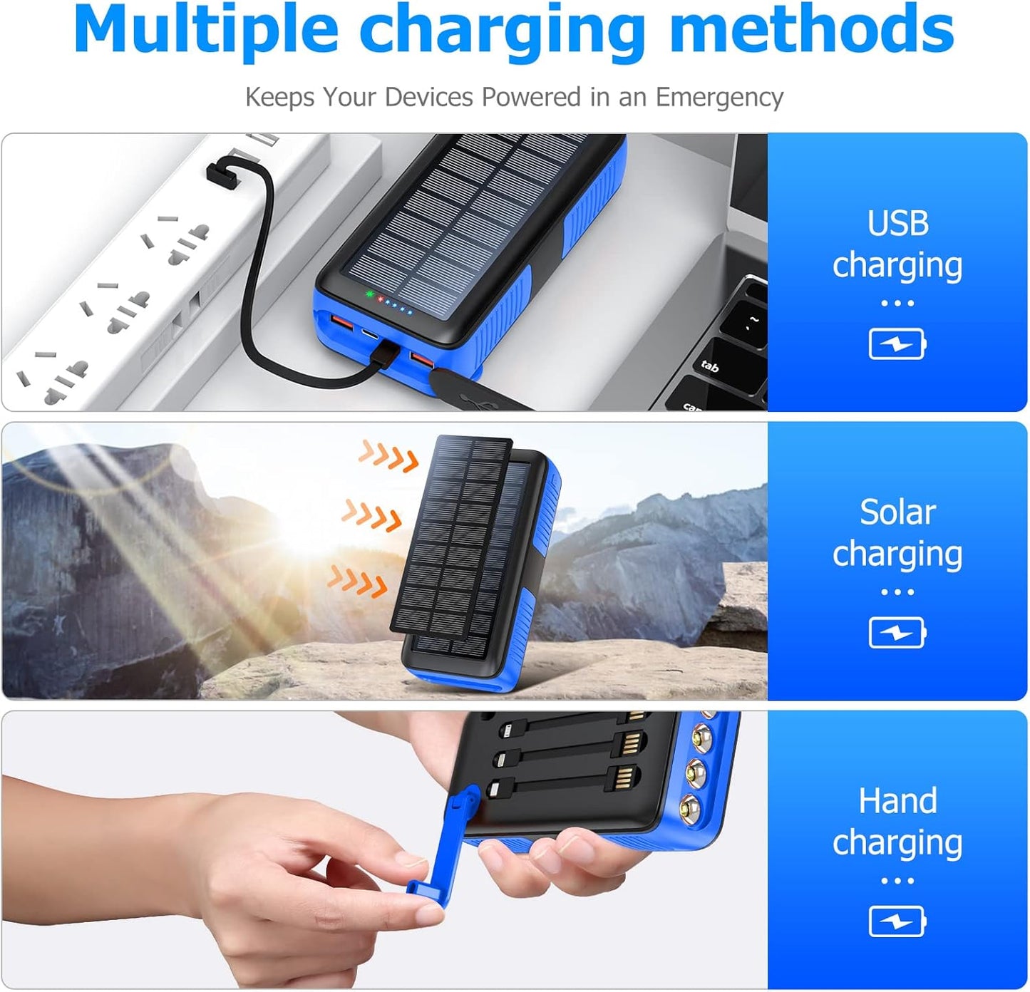 Solar Charger Power Bank 63200mAh, Portable Charger with Dual Outputs & Dual Inputs 4 LEDs Flashlight, Hand Crank Power Bank Fast Charging Battery Pack for Outdoor Camping Survival Gear