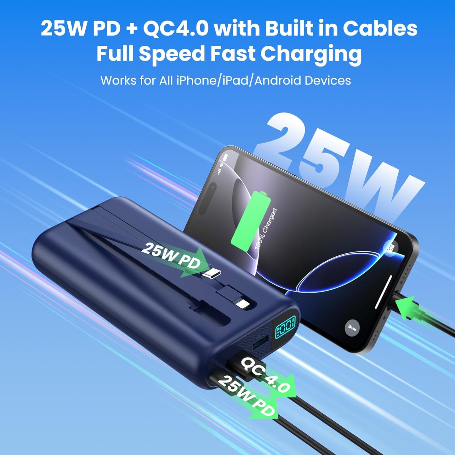 Portable Charger 40,800mAh Power Bank with Built-in Cables,5 USB Output Battery Pack Backup,25W PD USB-C in&out Phone Charging Compatible with iPhone 16/15 Pro,Android Samsung Galaxy Pixel Nexus-Blue