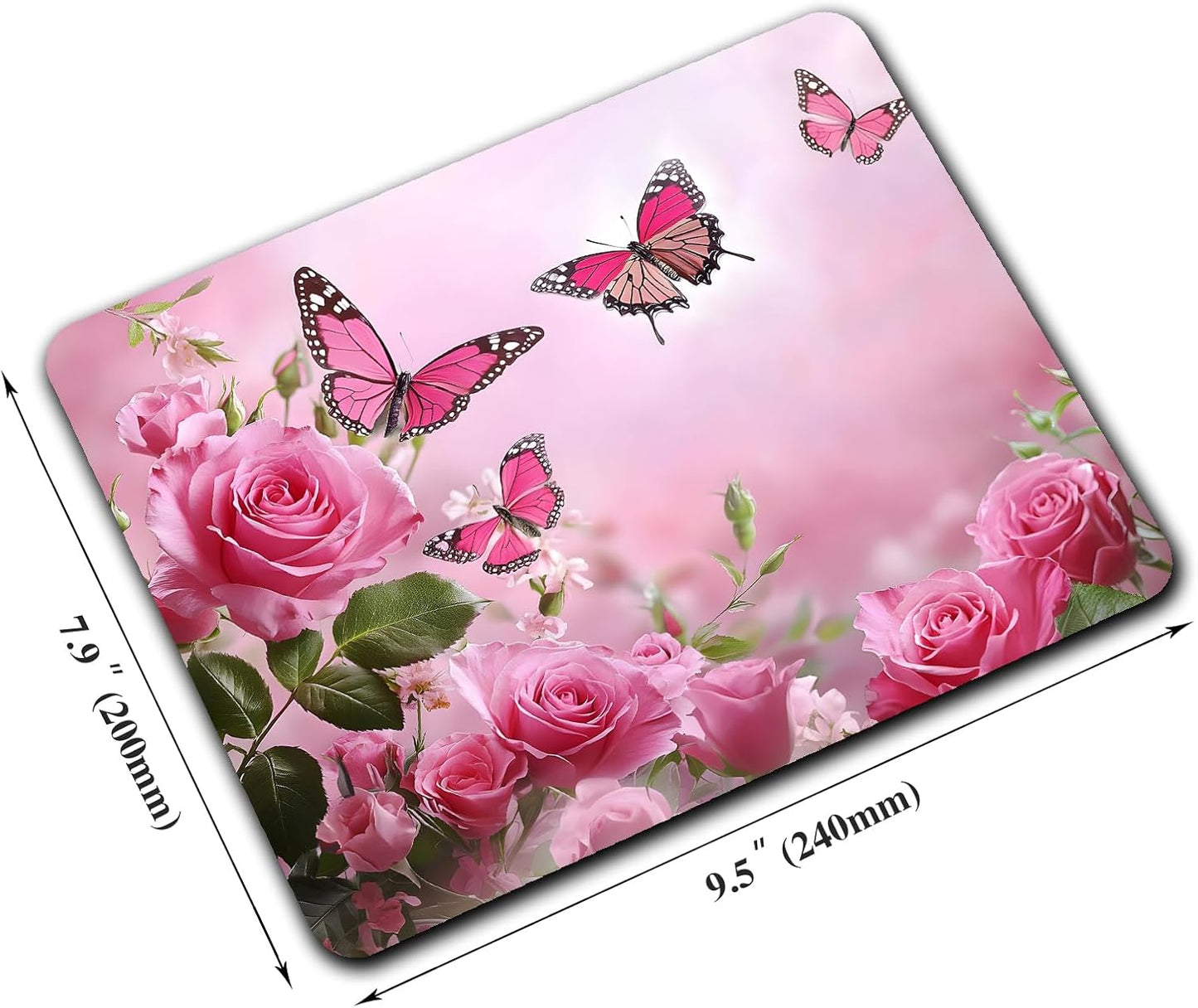 Cute Butterfly Pink Rose Flower Custom Mouse Pad with Non-Slip Rubber, Small Square Design for Wireless Laptop & Computer Mouse Pads for Desk, 9.5 x 7.9 inch Smooth Surface for Gaming & Office