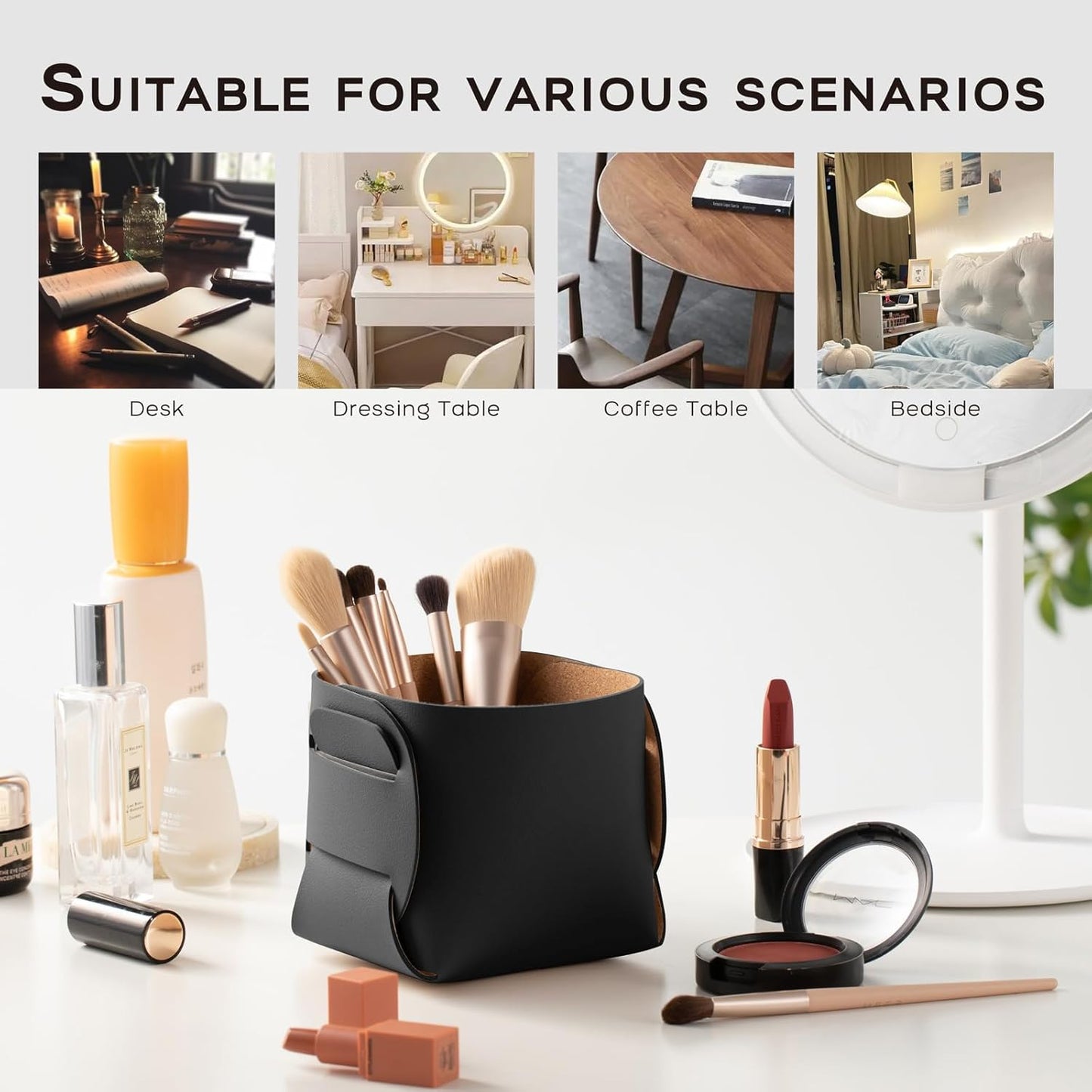 HOMIEAZICOZI 2-Pack Cork Leather Desk Accessories Storage - Pencil Pen Holder - Makeup Brush Holder Organizer - Stylish Addition to Home Decor (Black)