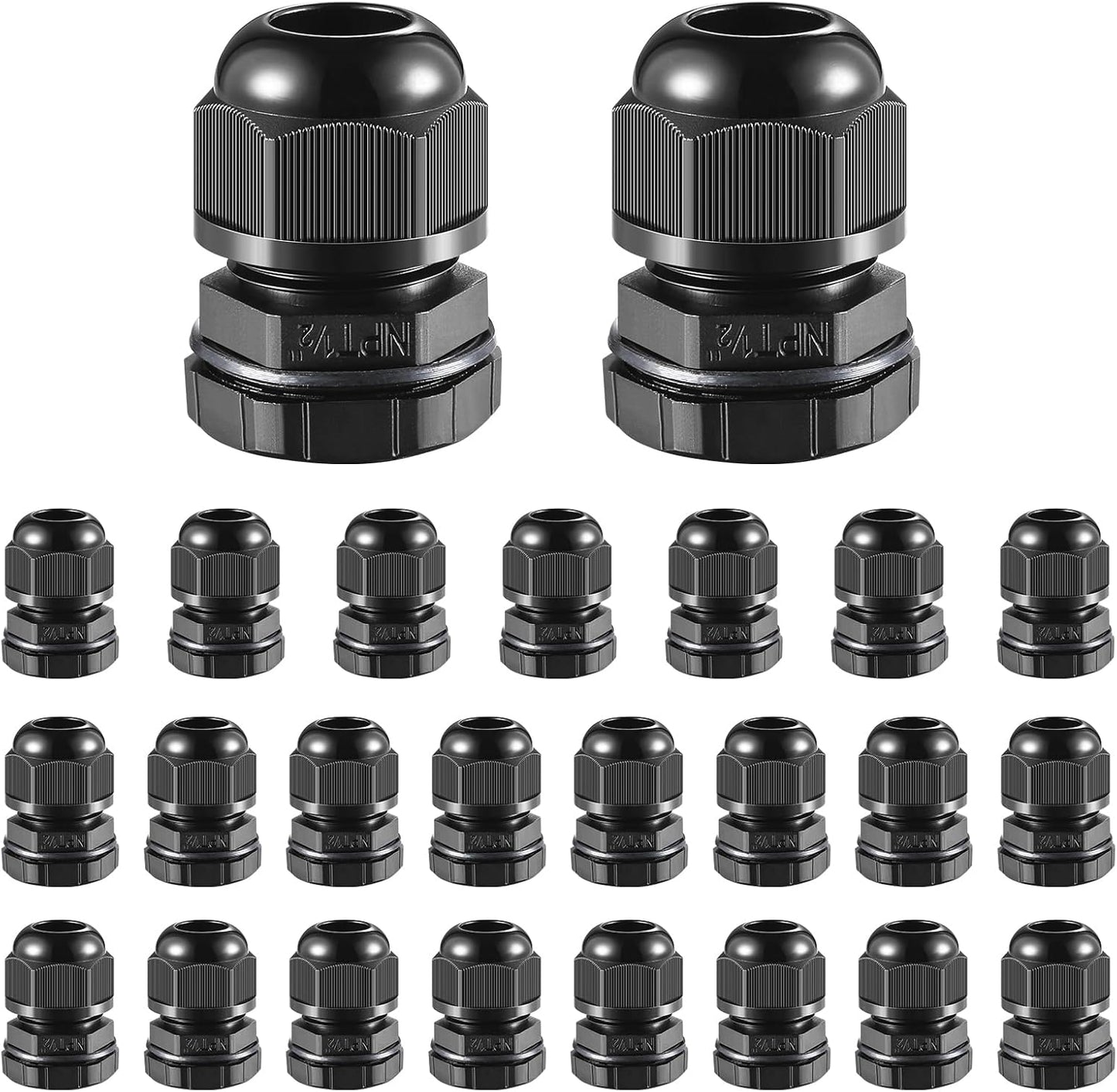 25 PCS 1/2"(6-12.5mm) NPT Nylon Cable Gland Joints with Gaskets, IP68 Adjustable Lock Nut Strain Relief Cord Grip Waterproof Cable Glands - UL Listed and RoHS Compliant
