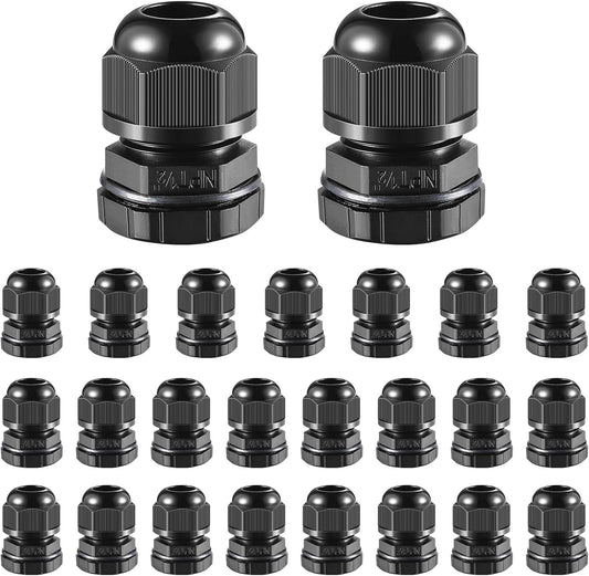 25 PCS 1/2"(6-12.5mm) NPT Nylon Cable Gland Joints with Gaskets, IP68 Adjustable Lock Nut Strain Relief Cord Grip Waterproof Cable Glands - UL Listed and RoHS Compliant
