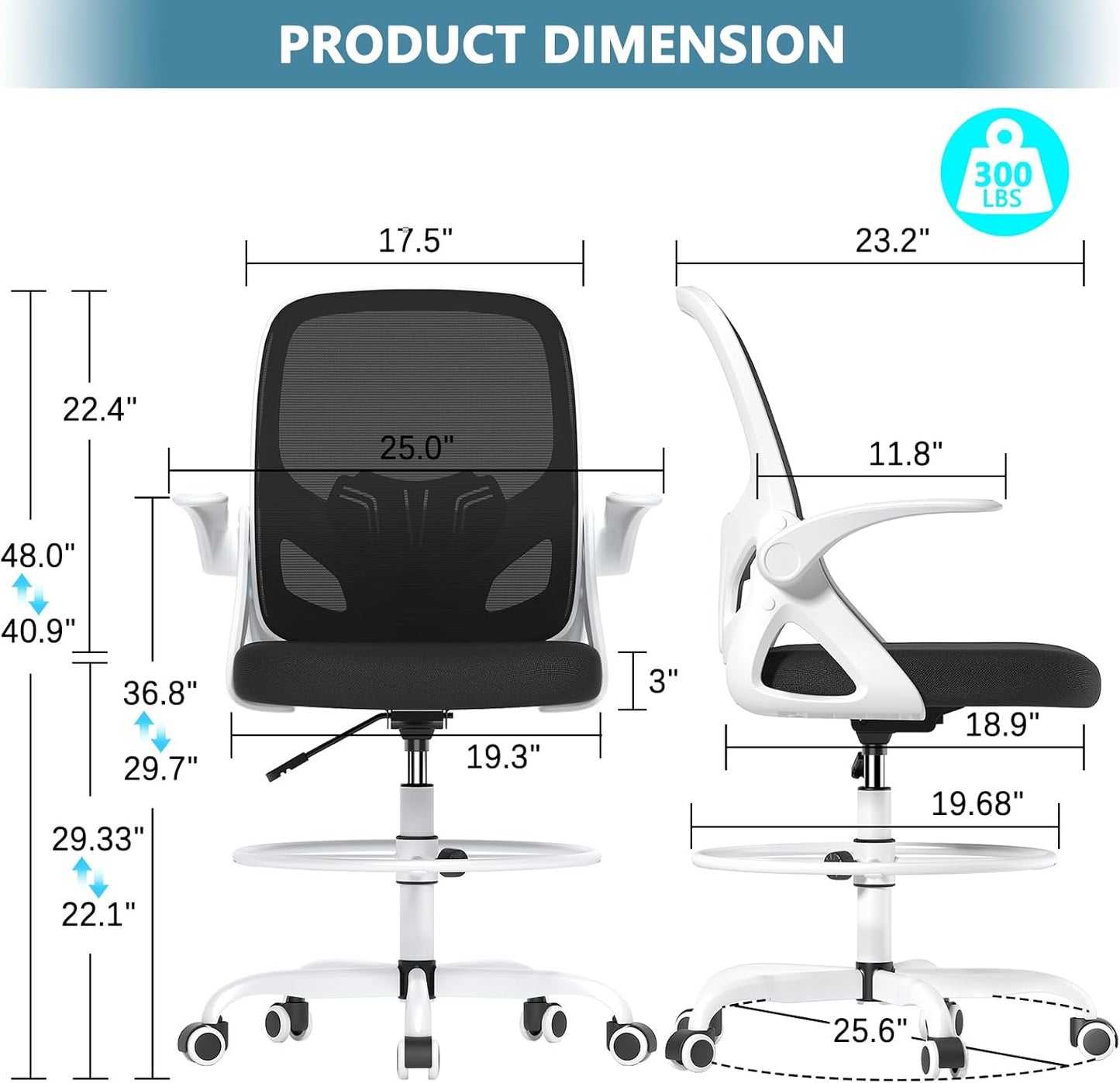 Tall Drafting Chair with Footrest Ring for Home and Work, Ergonomic Home Desk Office Chair with Flip up Arms and Lumbar Support, Extended Height Executive Desk Office Chair(White)