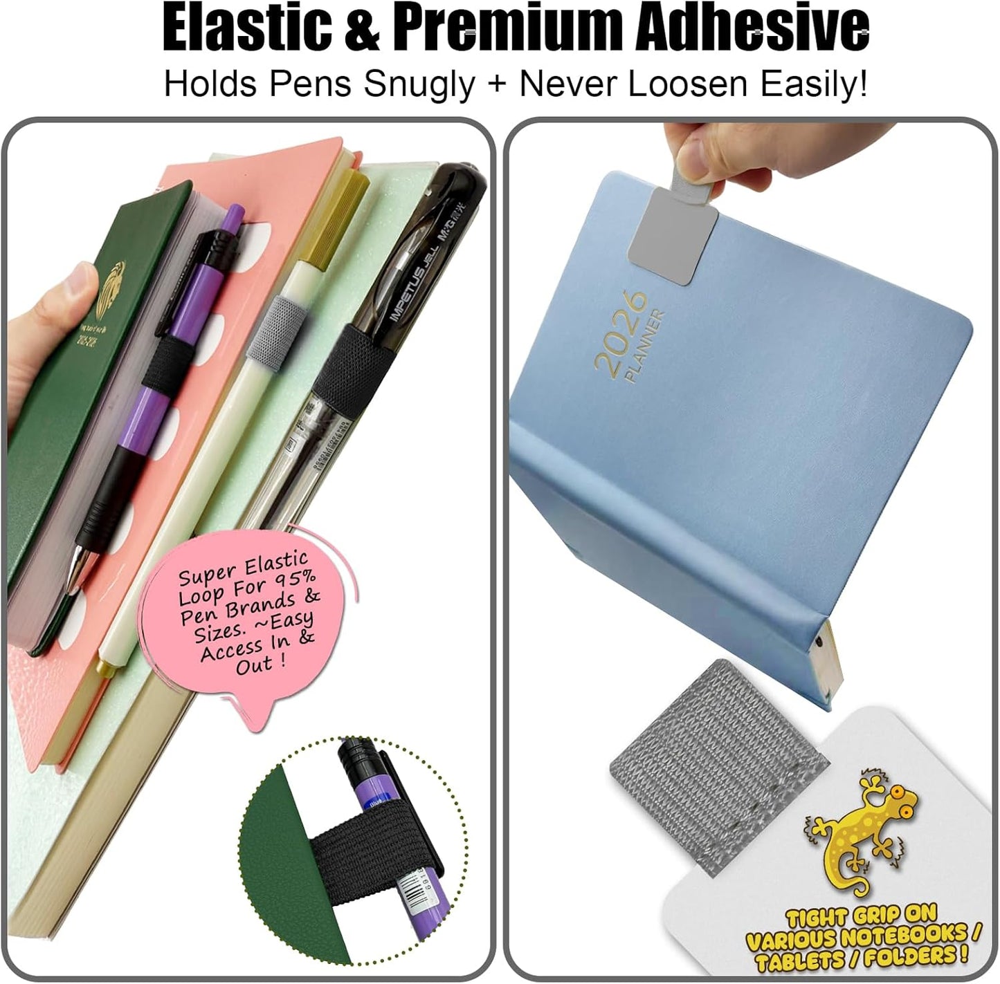 Pen Loop Holder for Notebook 12 Pack Self-Adhesive Stick On Pen Holder with Extra 2 Pens Clips 1 Leather Bookmarks As COMBO for Planner Journal Tablet Clipboards Calendars Bible Campus School Office