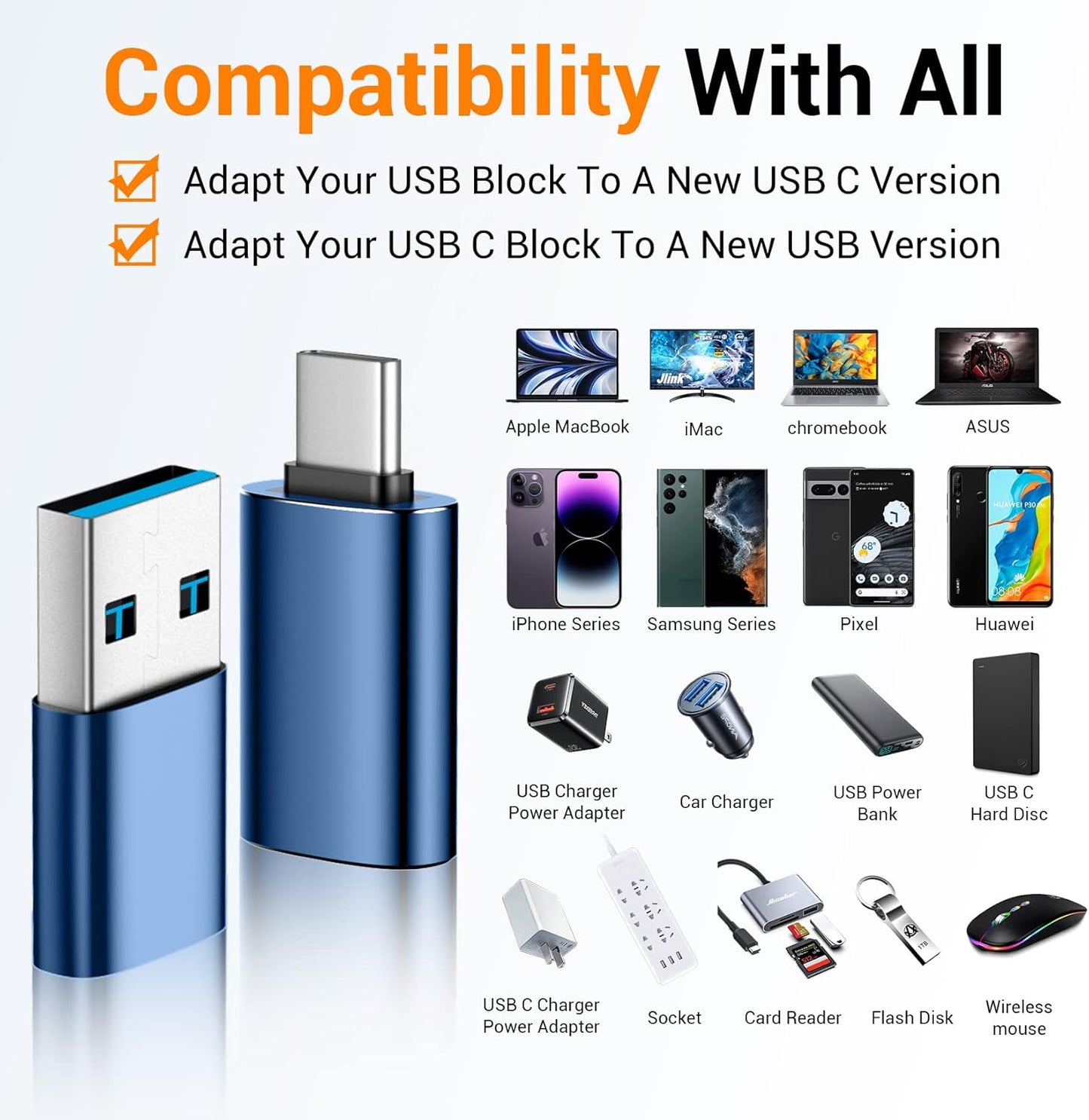 𝟒𝐏𝐚𝐜𝐤 𝐔𝐩𝐠𝐫𝐚𝐝𝐞𝐝 USB to USB C Adapter,USB C Male to USB 3.0 Female OTG Converter for iPhone 16 15 14 13 Plus Pro Max,Apple Watch,Airpods,S24 Ultra, Gender Changers OTG Adapters - Blue