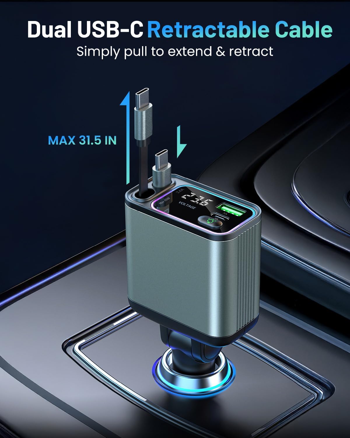 [2 Pack] 4 in 1 Retractable Car Charger with RGB Light, 92W Fast Charging Dual USB C Car Adapter, Compact Car Phone Charger for iPhone/Galaxy/Pixel, Road Trip Essentials (Dual Type C Cable)