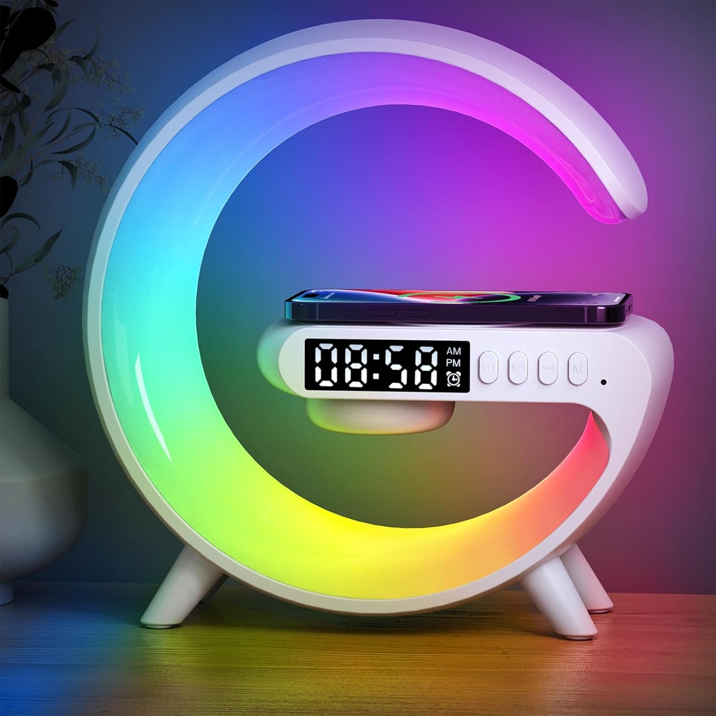 Mini LED Table Lamp with 4-in-1 Wireless Charger, Night Light, Sunrise Alarm Clock, Bluetooth Speaker, Smart Atmosphere Table Lamp for Bedroom, Office, Home Decor (White)
