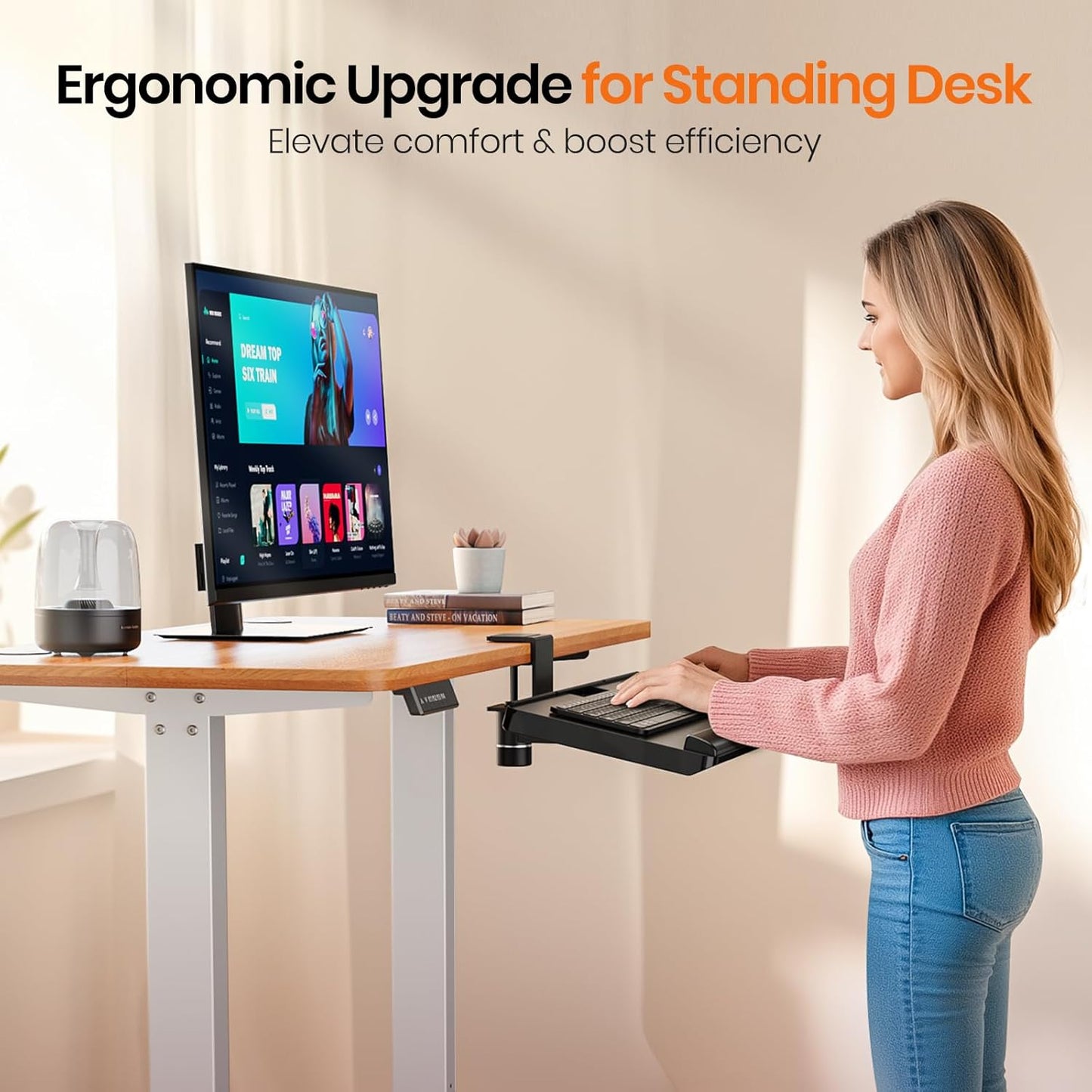 Klearlook Keyboard Tray Under Desk with 360° Rotation, Ergonomic Computer Keyboard & Mouse Tray 25"W×11.02"D Sit Stand Desk Keyboard Holder w/Wrist Rest & Storage Drawer (Height is not Adjustable)