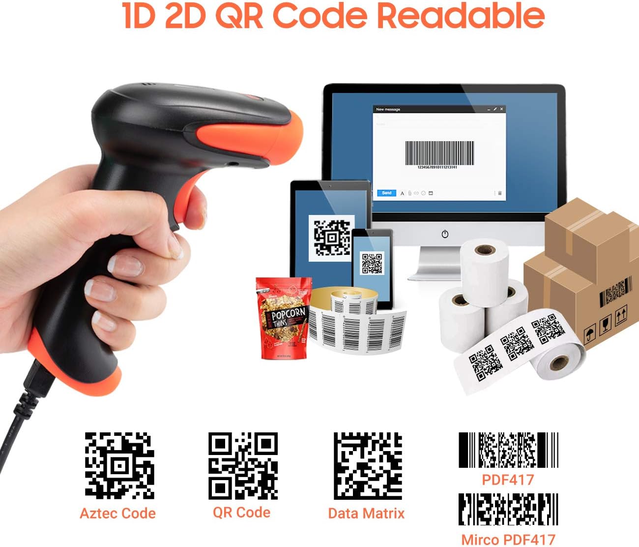 Tera Wireless 2D QR Barcode Scanner with Stand, 3 in 1 Compatible with Bluetooth & 2.4GHz Wireless & USB Wired Barcode Reader Handheld Bar Code Reader HW0001