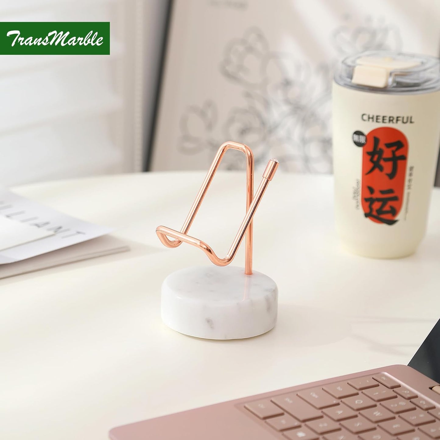 Marble Phone Stand with Metal Holder, Charging Available While Using, Swipe Up to Unlock, Made of Natural Marble as Business Card Holder for Office Desk (Starry White + Rose Gold)